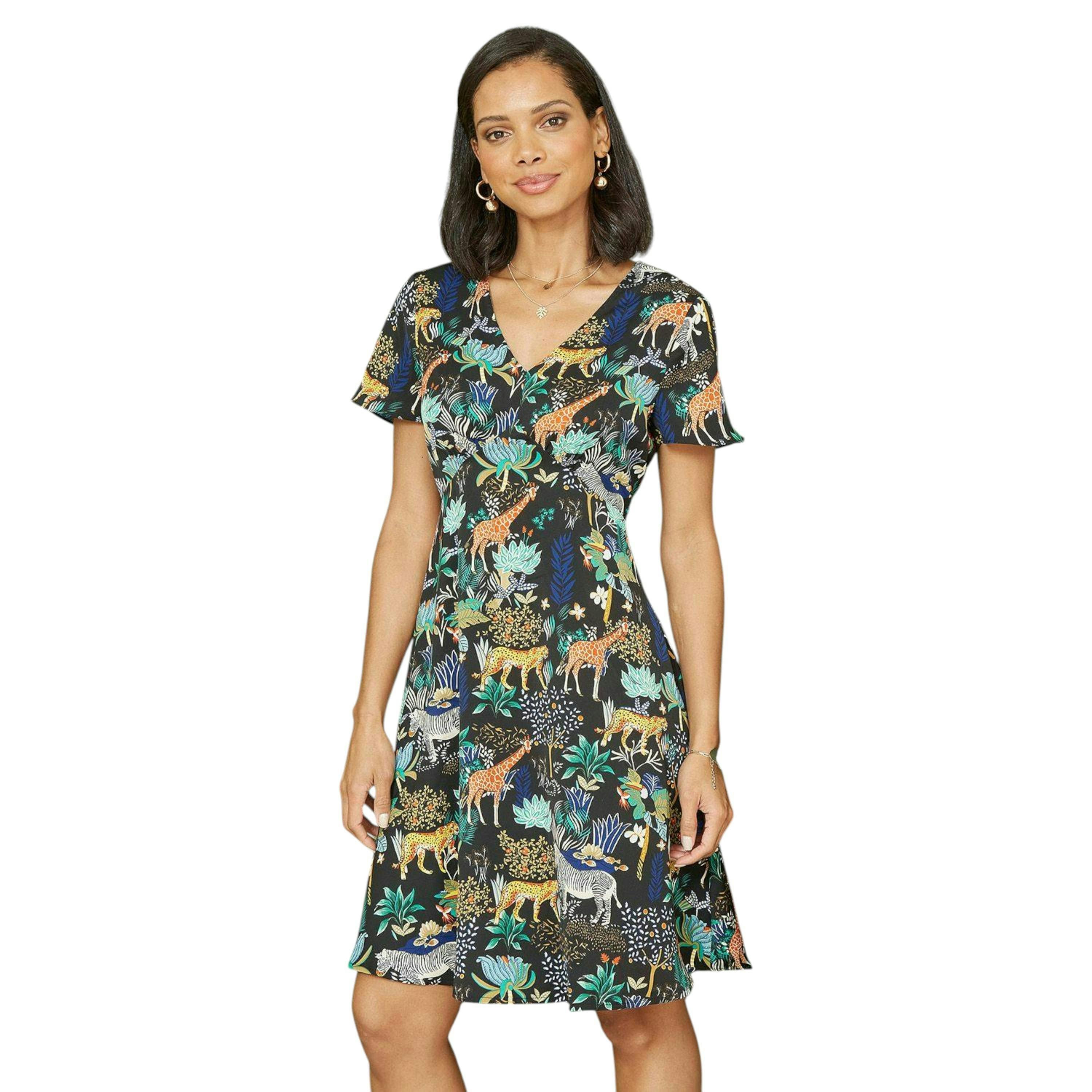 Yumi Black Jungle Print Skater Dress , view 1 of 3