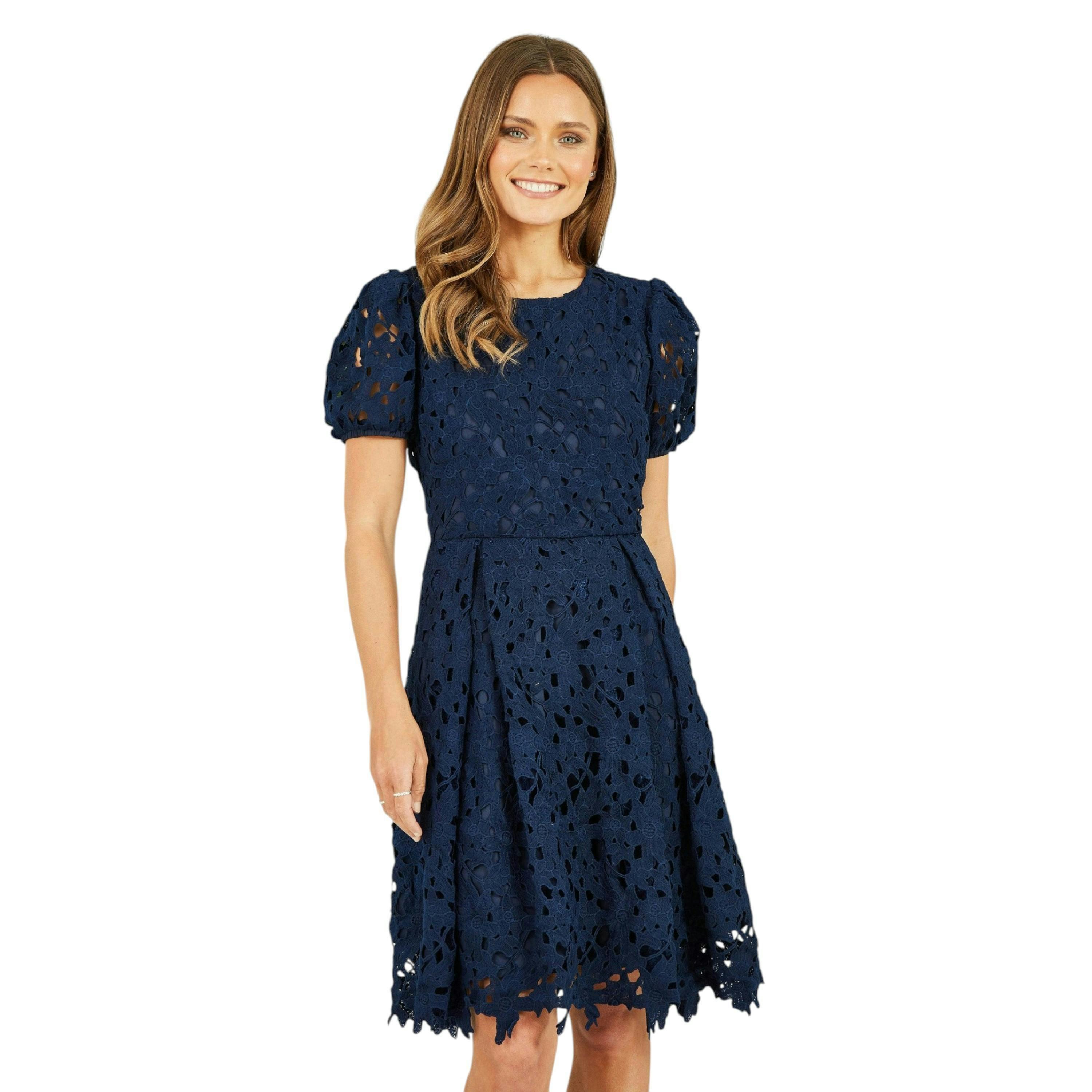 Yumi Navy Lace Skater Dress With Puff Sleeves , view 1 of 5