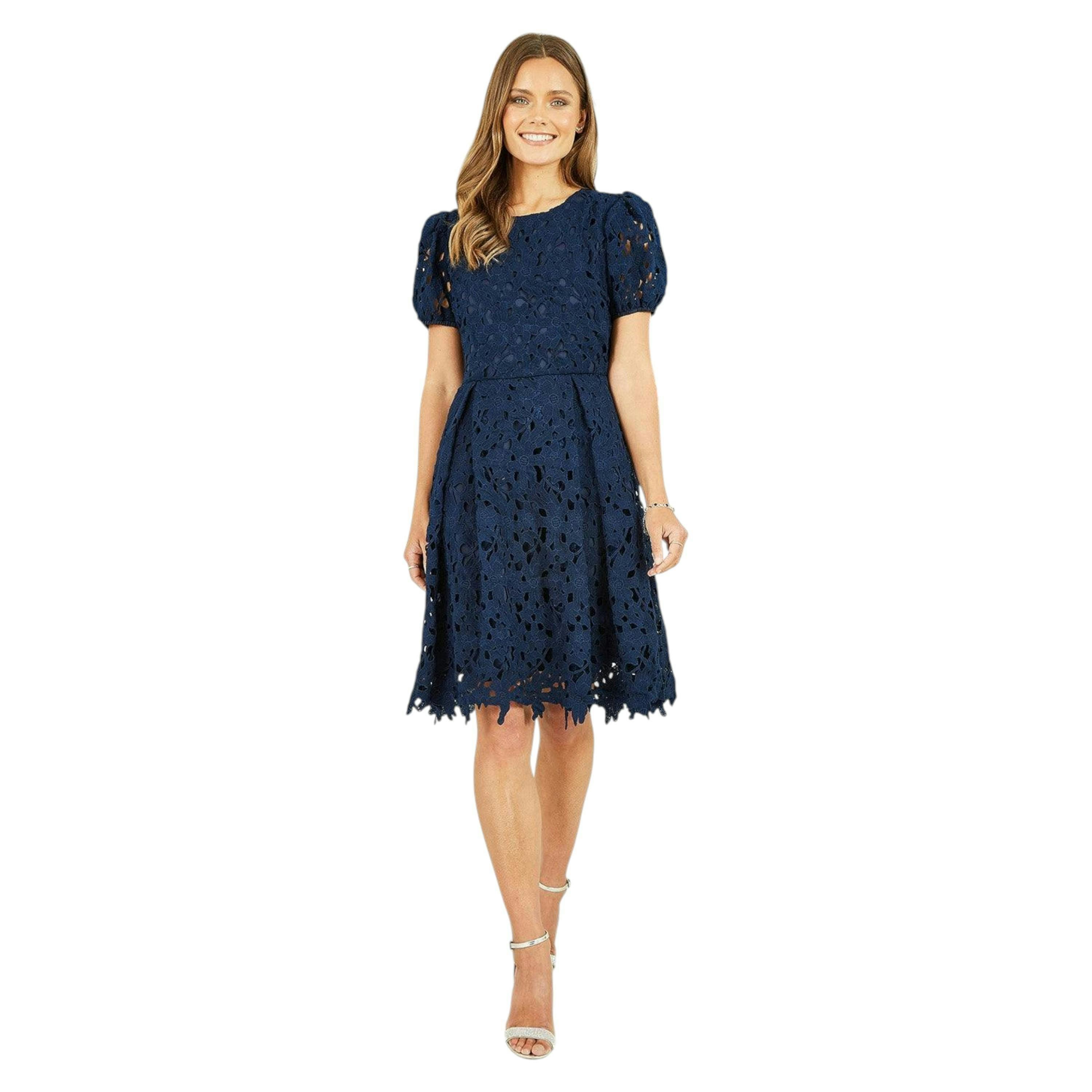 Yumi Navy Lace Skater Dress With Puff Sleeves , view 2 of 5