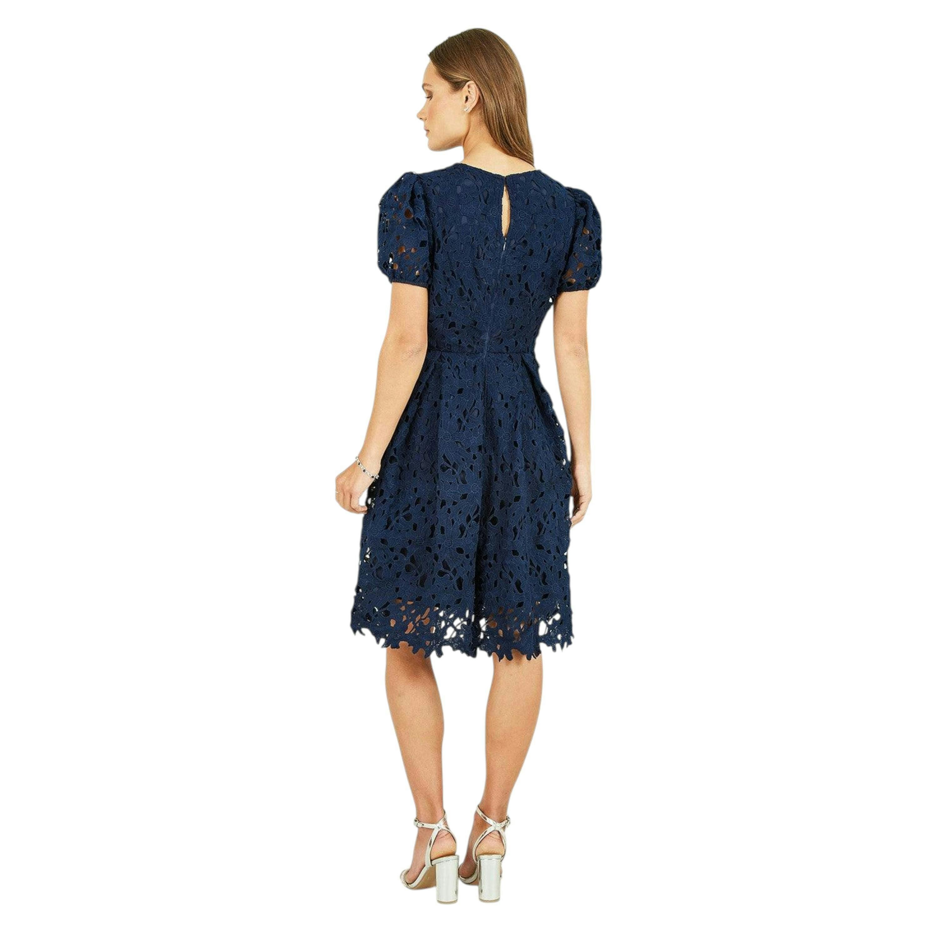 Yumi Navy Lace Skater Dress With Puff Sleeves , view 5 of 5