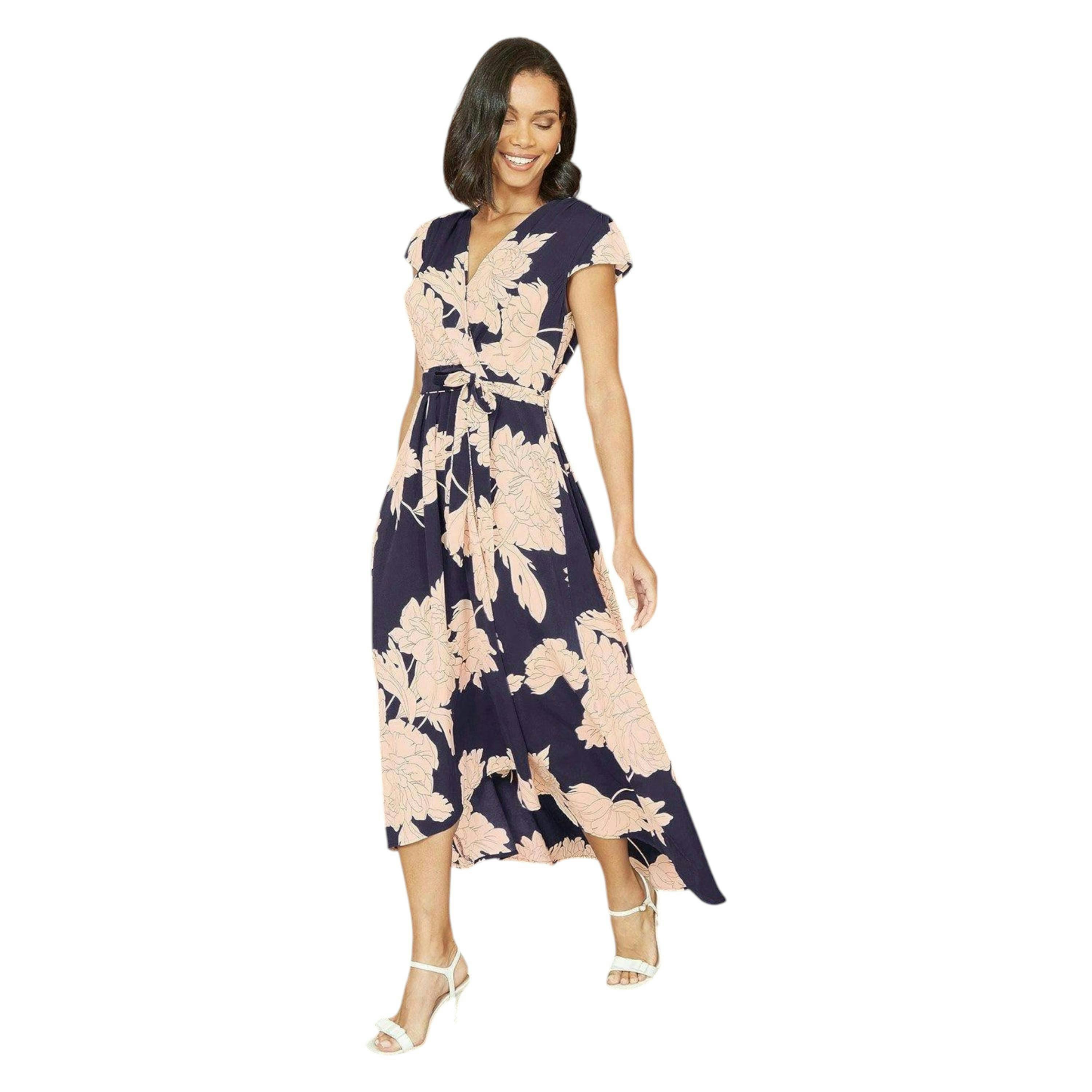 Mela Navy Blossom Print Wrap Midi With Dipped Hem , view 1 of 4