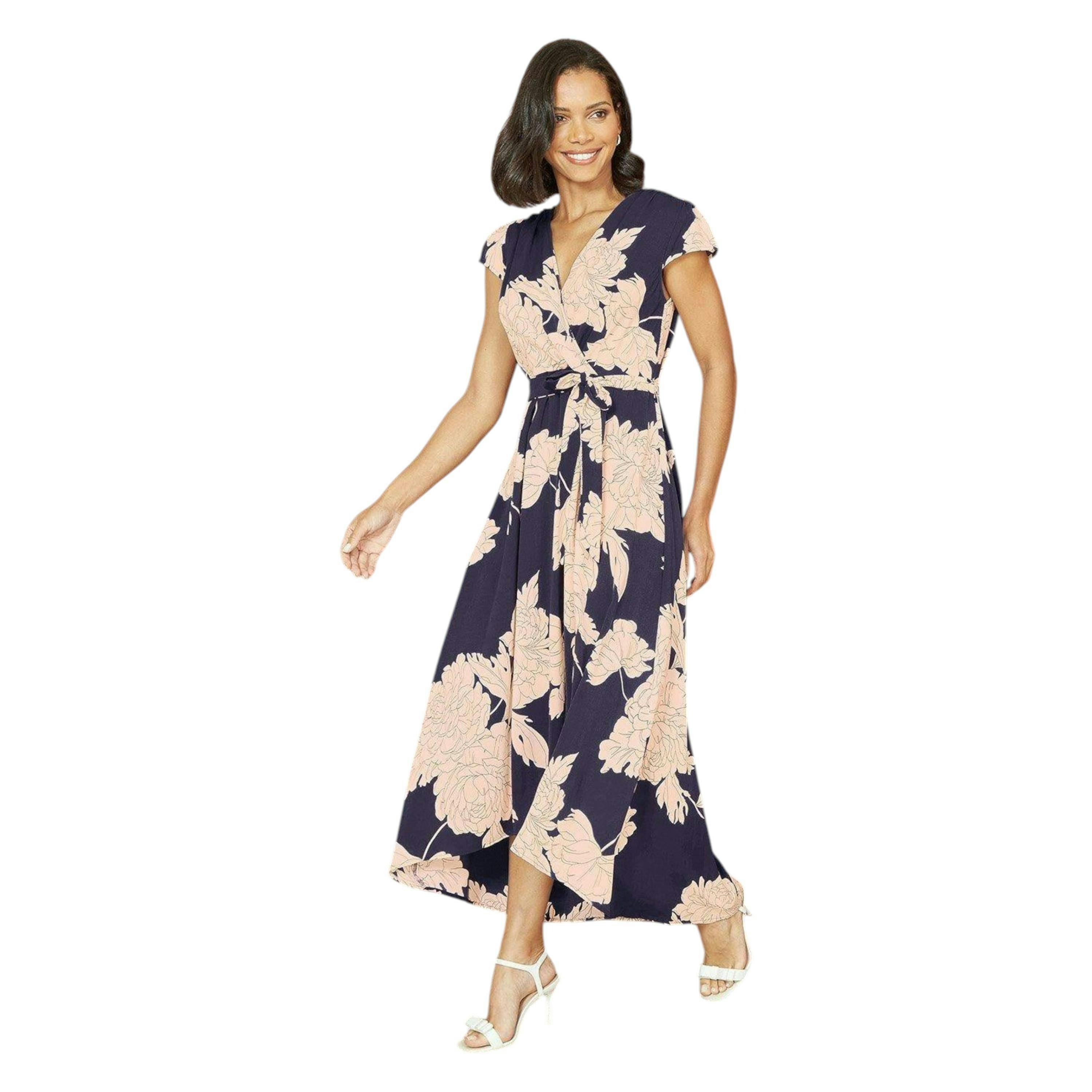 Mela Navy Blossom Print Wrap Midi With Dipped Hem , view 2 of 4