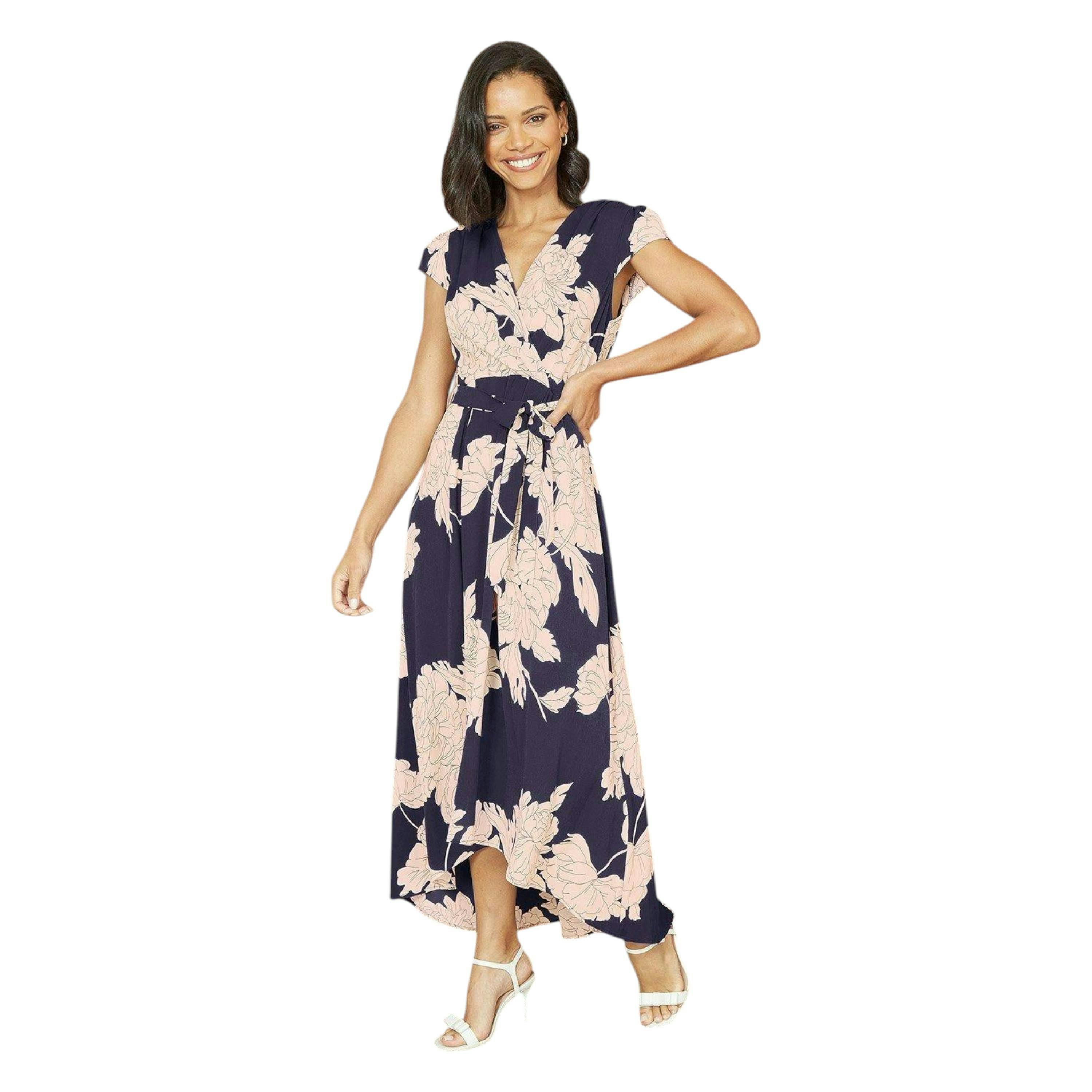 Mela Navy Blossom Print Wrap Midi With Dipped Hem , view 3 of 4