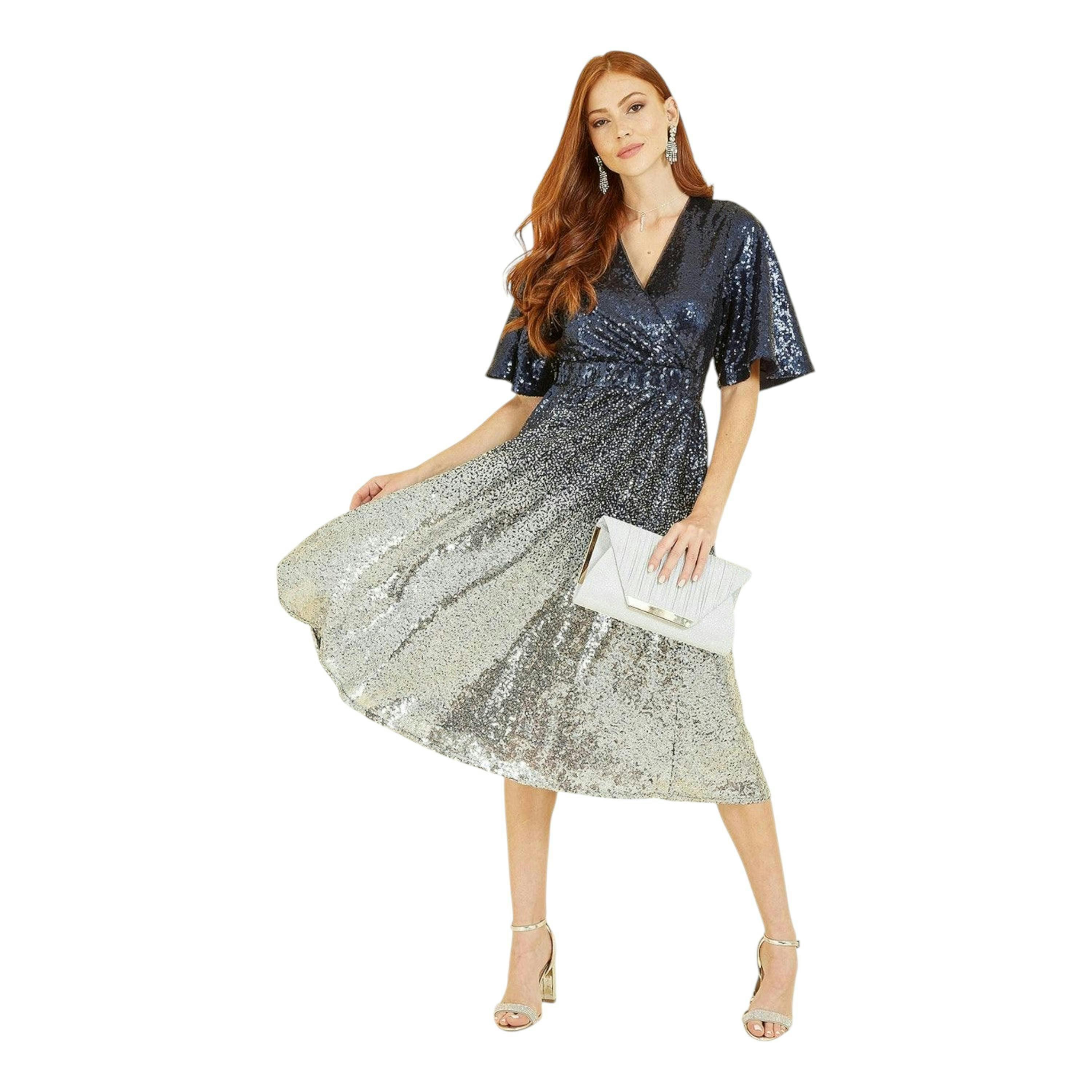 Yumi Navy and Silver Ombre Sequin Midi Wrap Dress , view 2 of 5