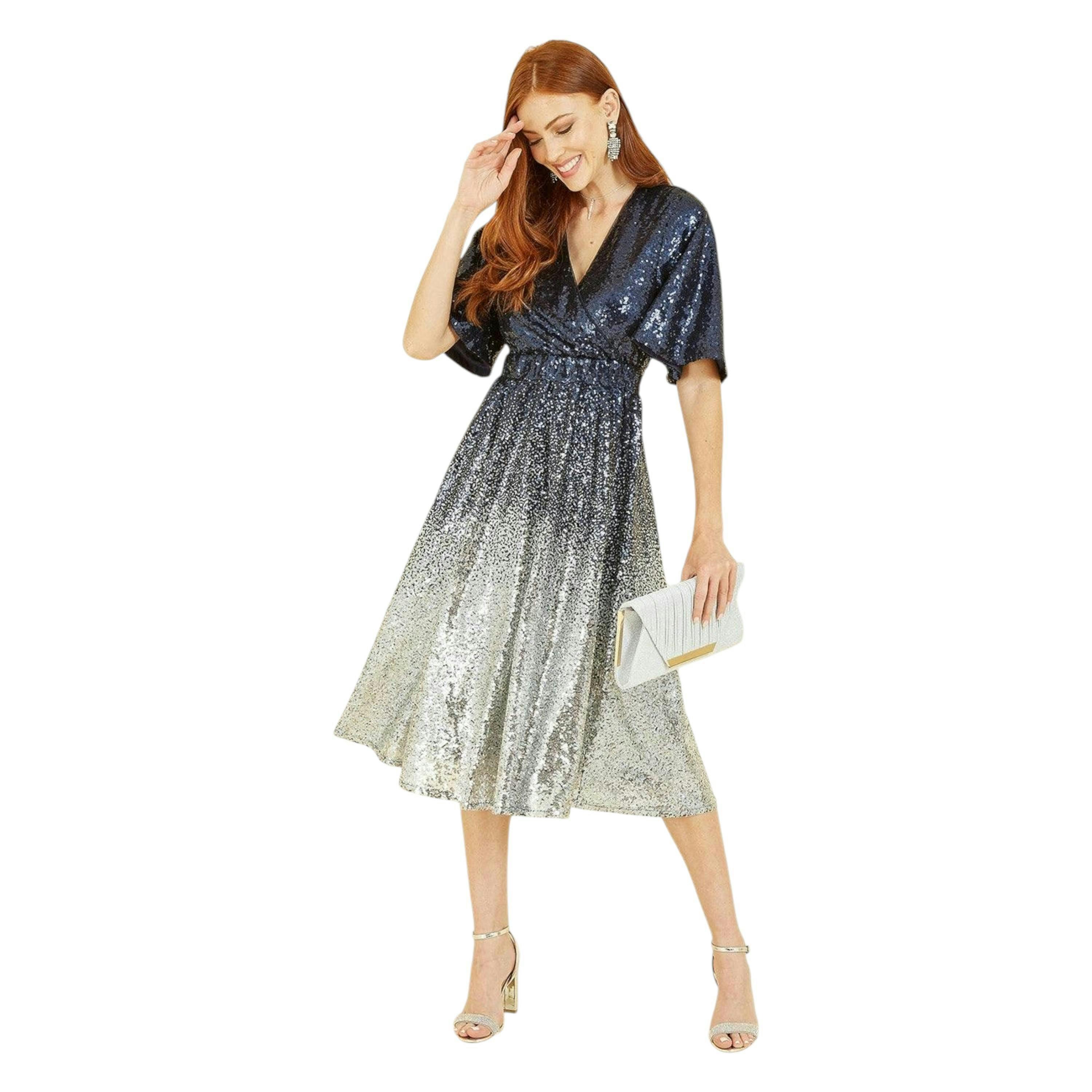 Yumi Navy and Silver Ombre Sequin Midi Wrap Dress , view 3 of 5