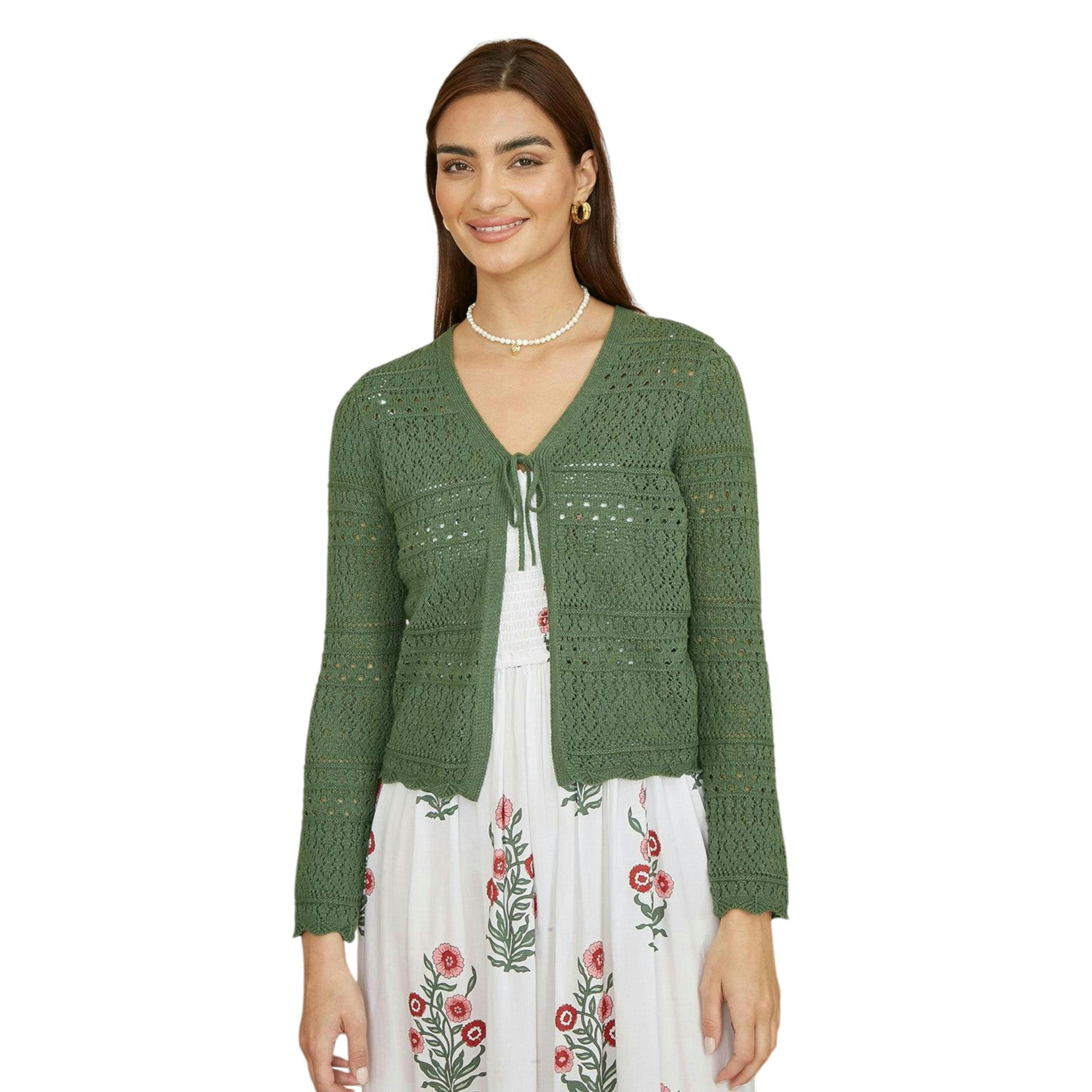 Yumi Green Crochet Tie Front Cardigan , view 1 of 5
