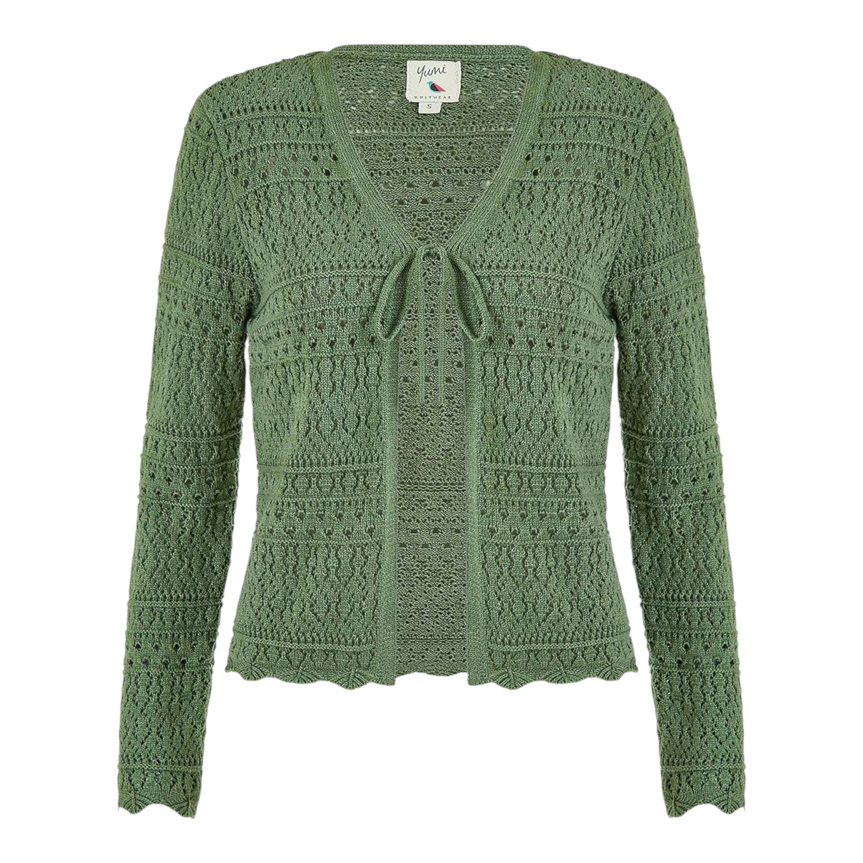 Yumi Green Crochet Tie Front Cardigan , view 5 of 5