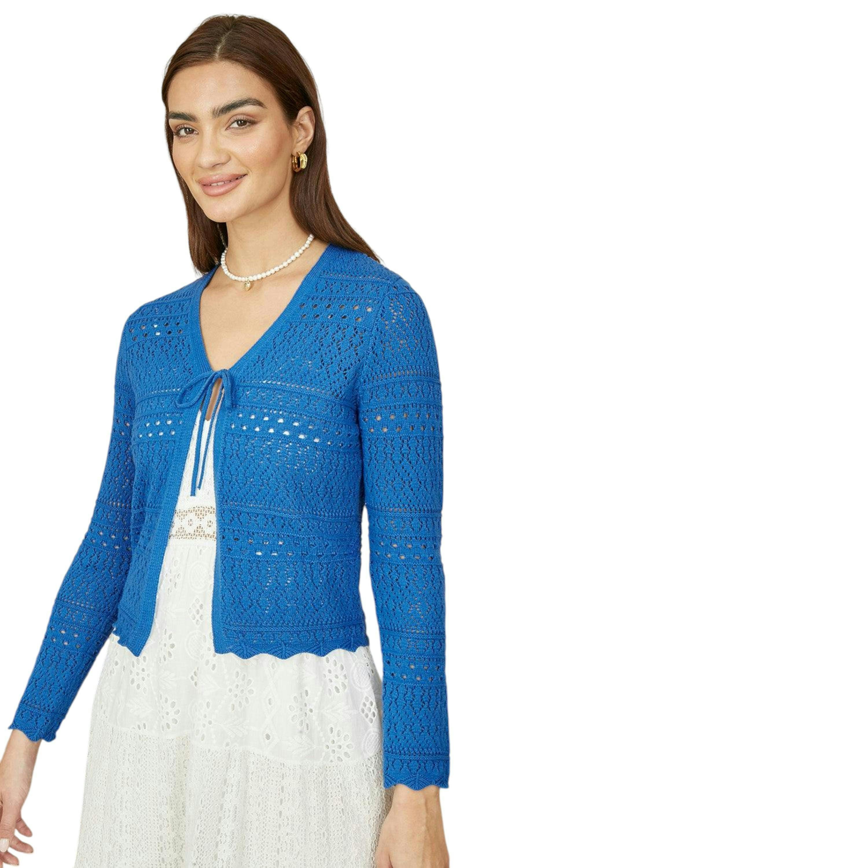 Yumi Blue Crochet Tie Front Cardigan , view 1 of 5