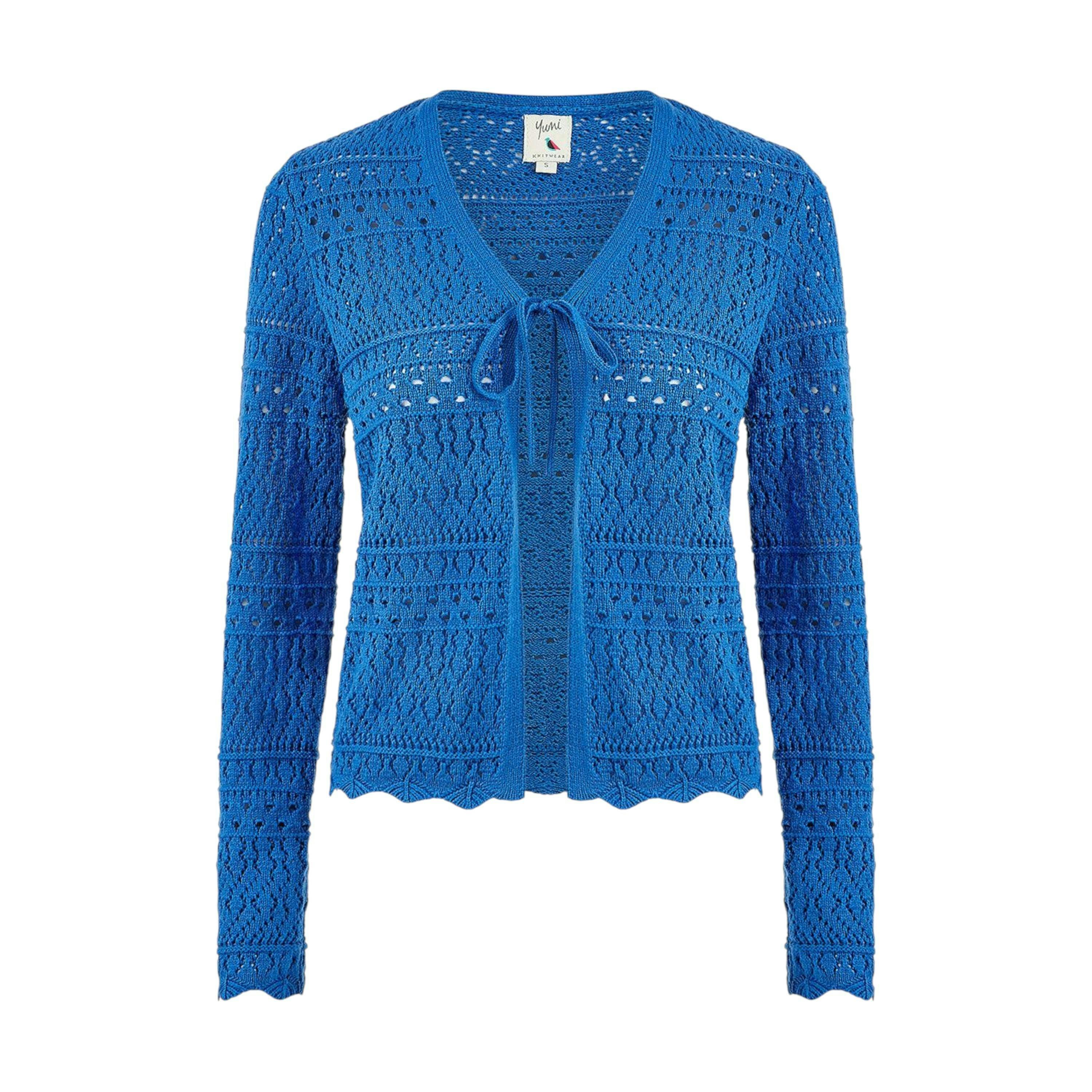 Yumi Blue Crochet Tie Front Cardigan , view 5 of 5