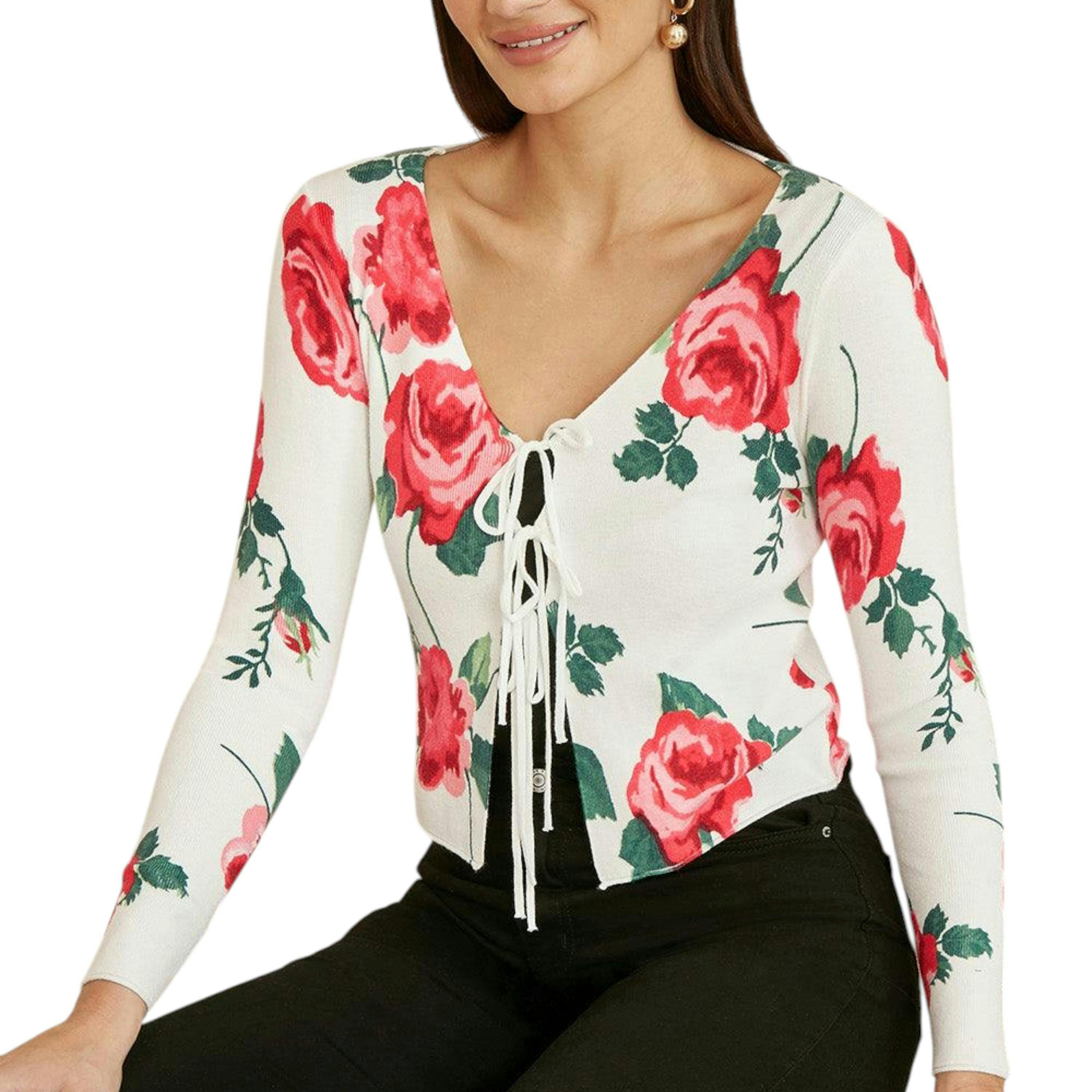 Yumi White Rose Print Cardigan With Tie Front , view 1 of 5