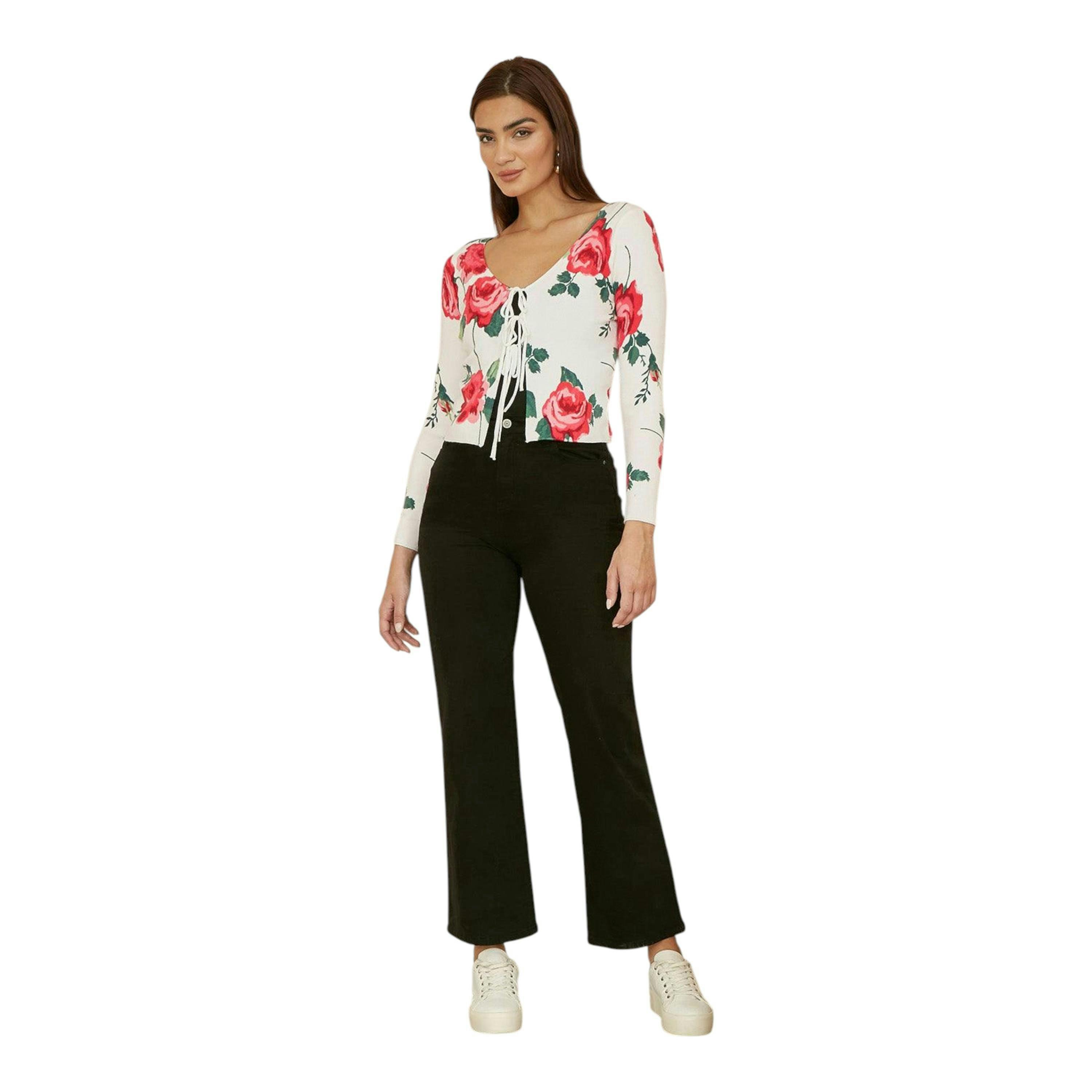 Yumi White Rose Print Cardigan With Tie Front , view 2 of 5