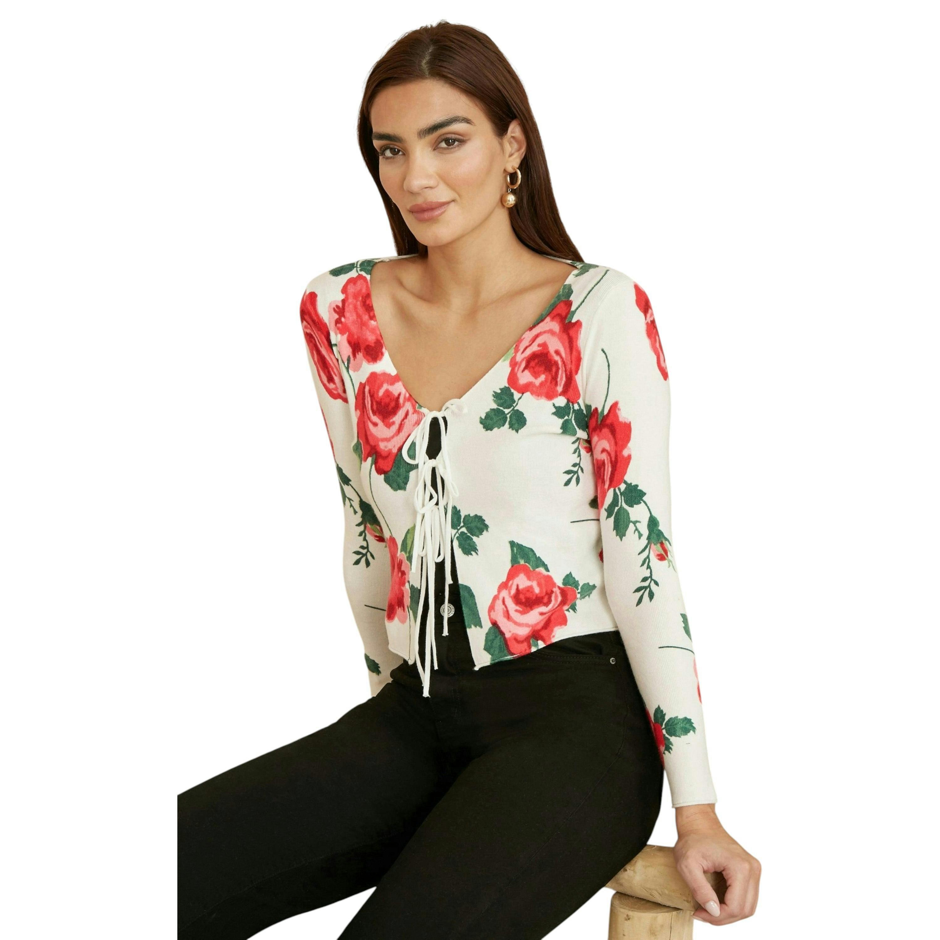 Yumi White Rose Print Cardigan With Tie Front , view 5 of 5
