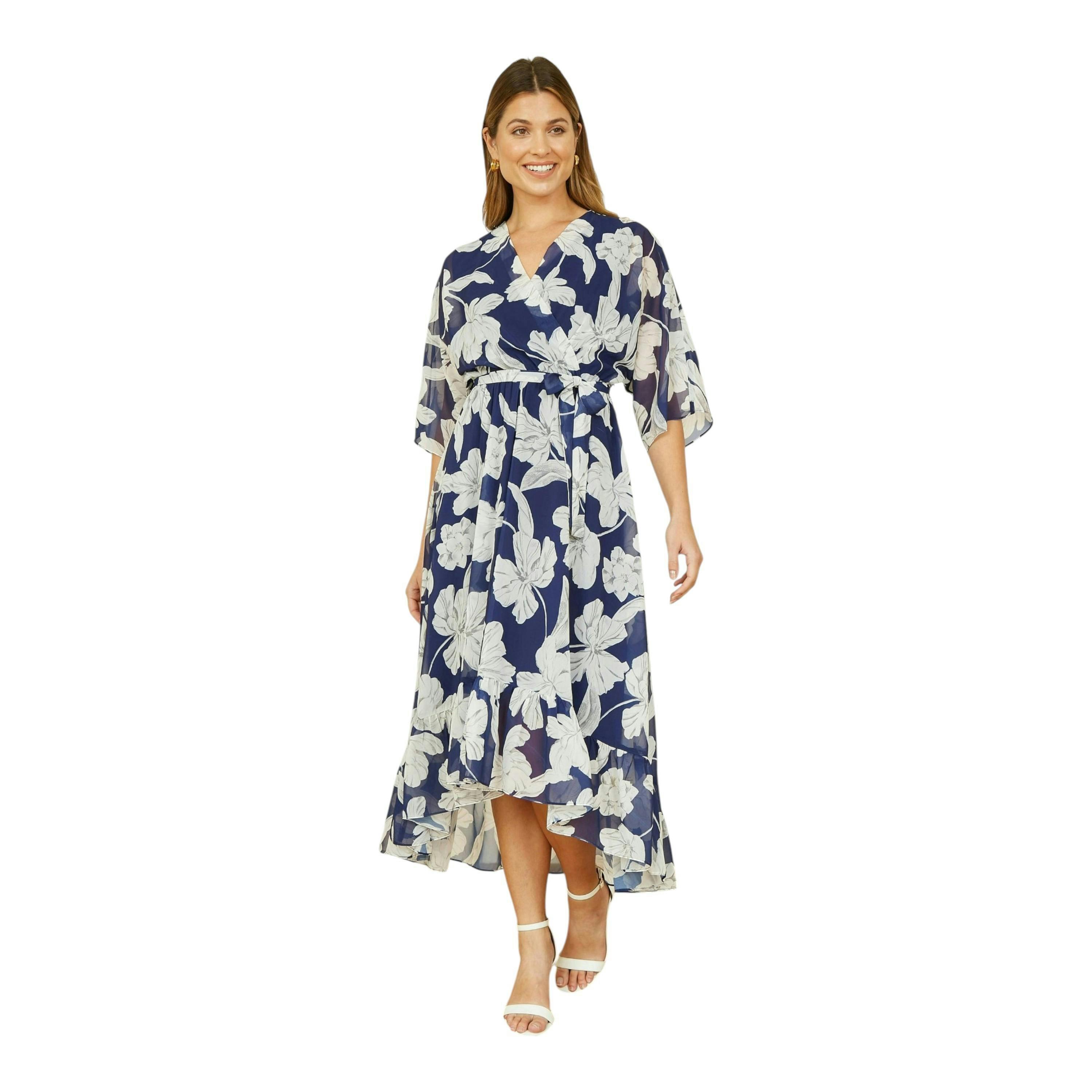 Yumi Navy Mesh Bird And Floral Print Midi Dress With Ruffles , view 1 of 4