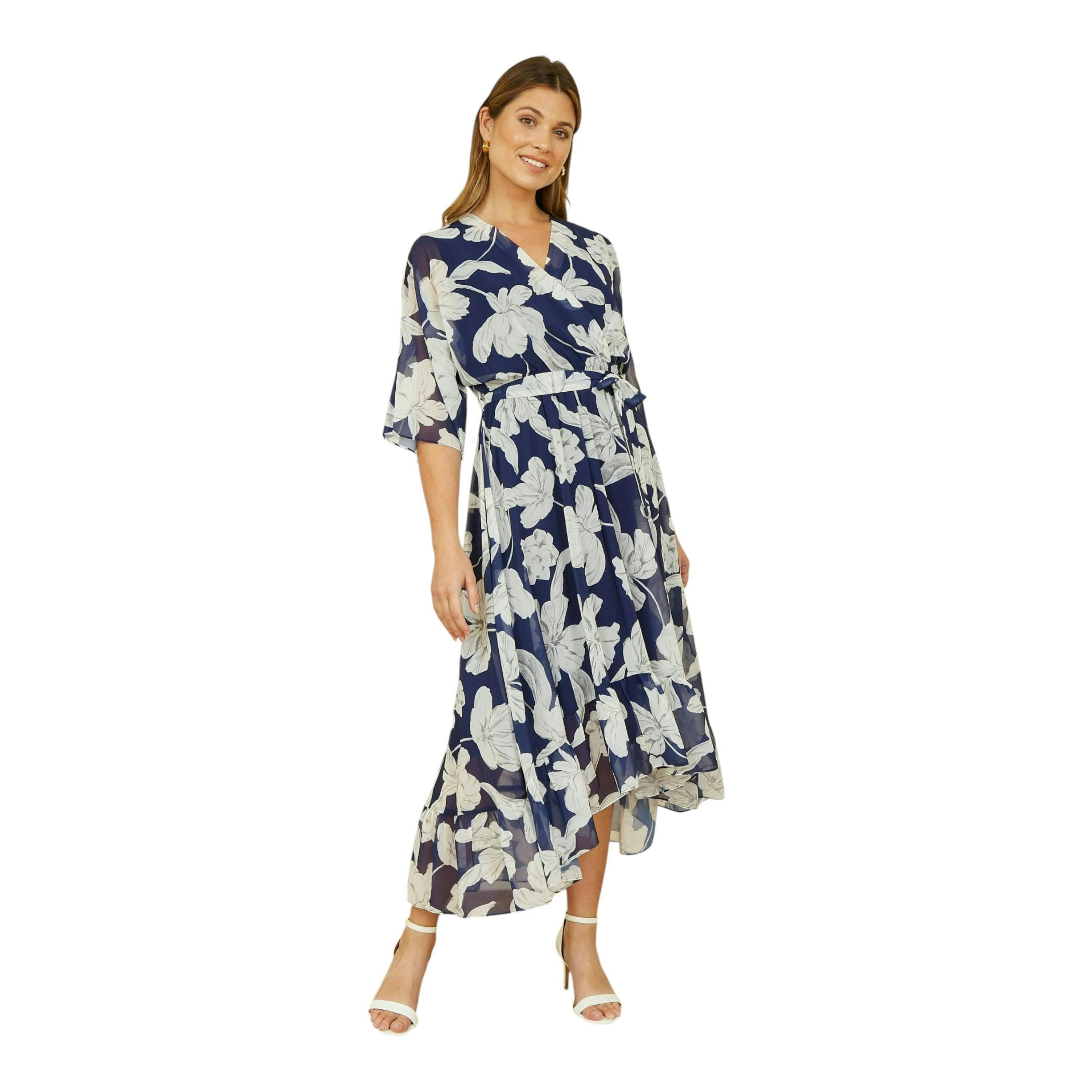 Yumi Navy Mesh Bird And Floral Print Midi Dress With Ruffles , view 3 of 4