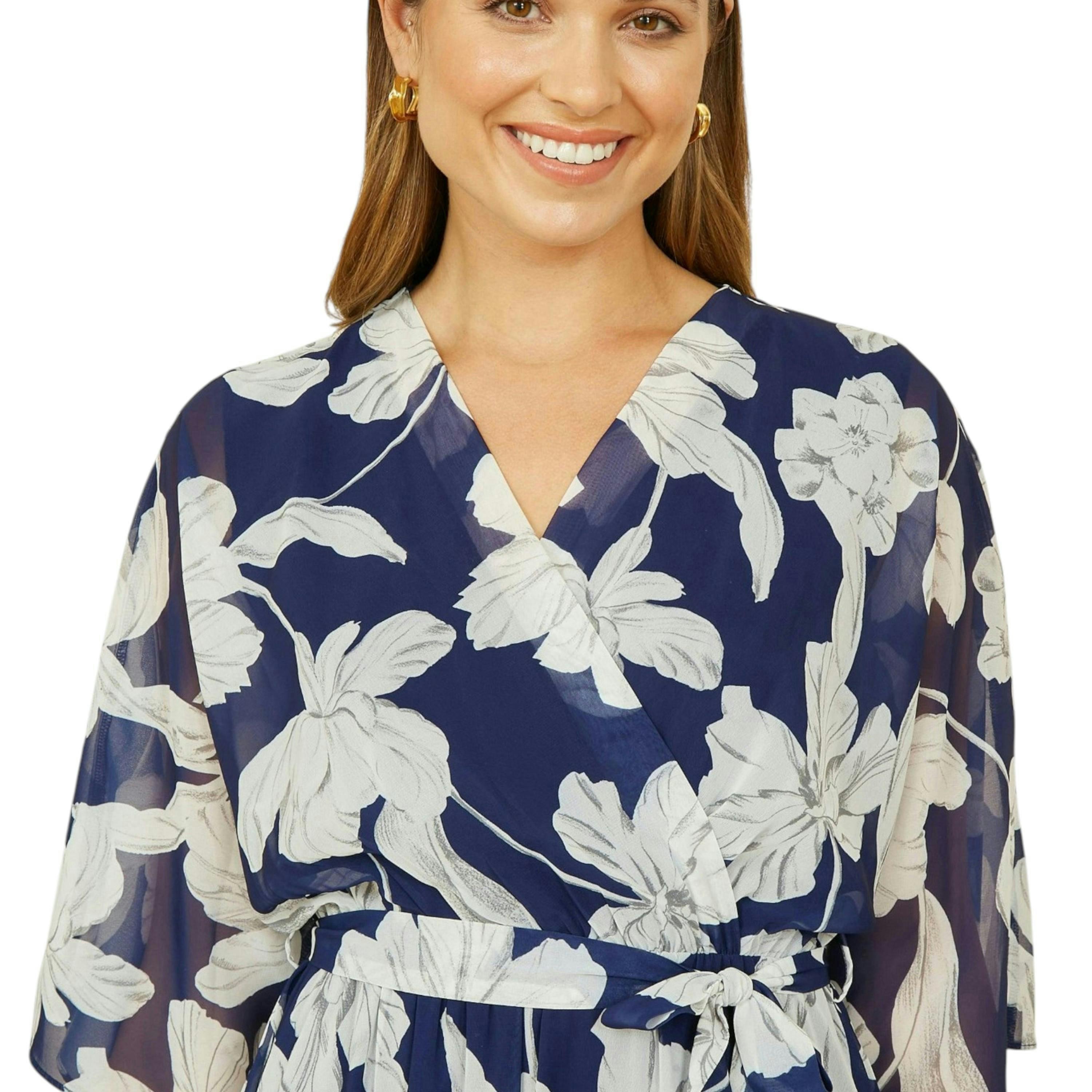 Yumi Navy Mesh Bird And Floral Print Midi Dress With Ruffles , view 4 of 4