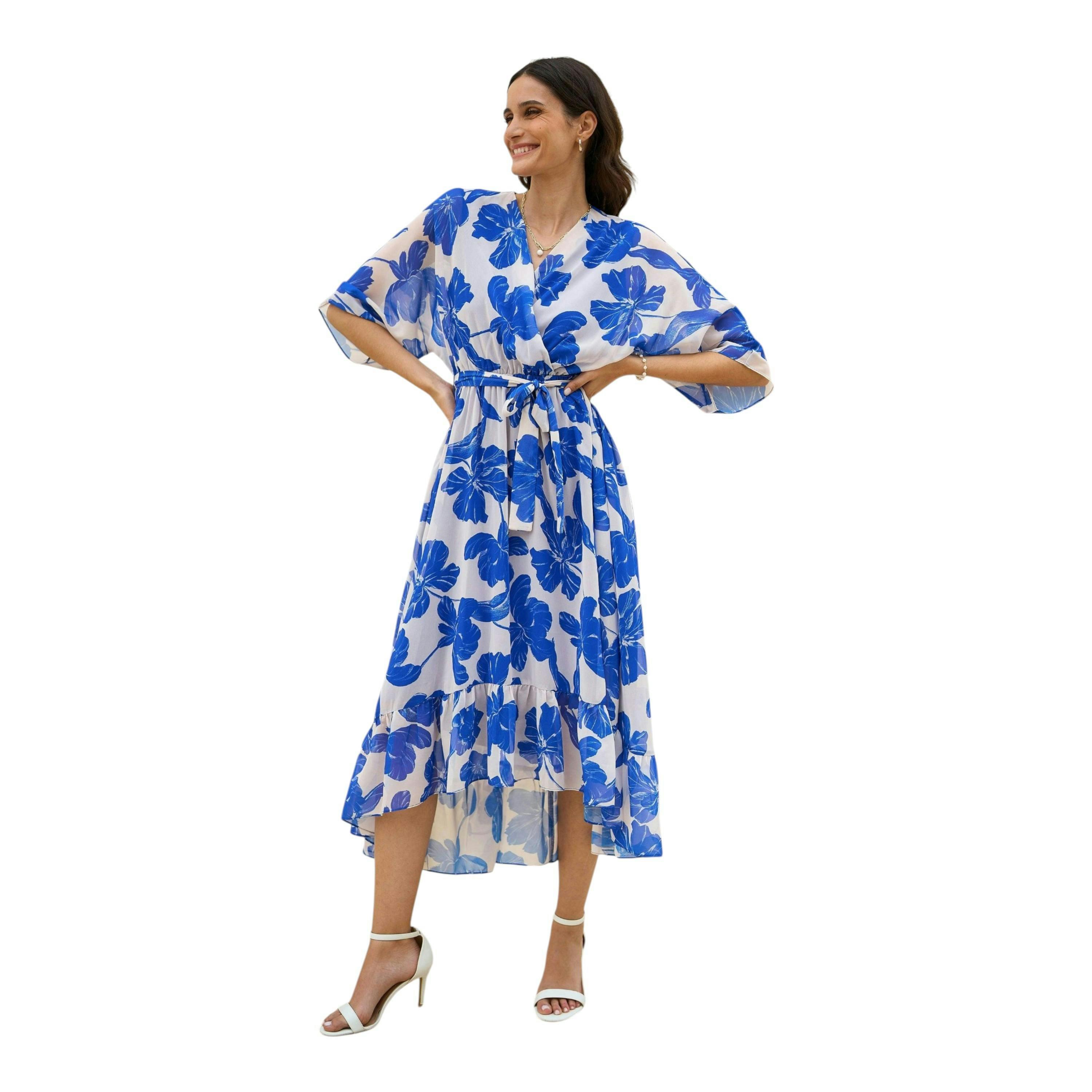 Yumi Navy Kimono Sleeves Midi Dip Hem Wrap Midi Dress , view 1 of 5