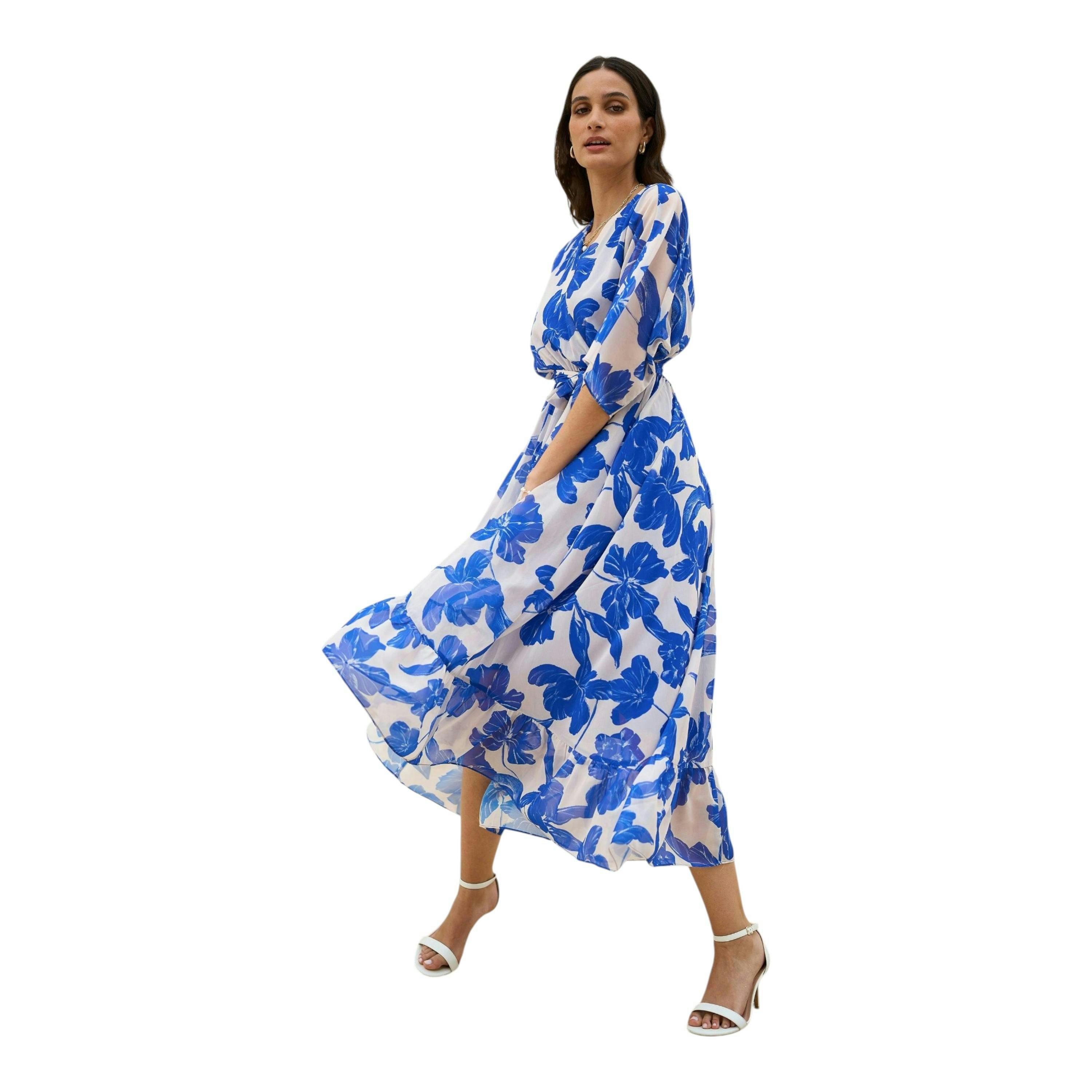 Yumi Navy Kimono Sleeves Midi Dip Hem Wrap Midi Dress , view 2 of 5