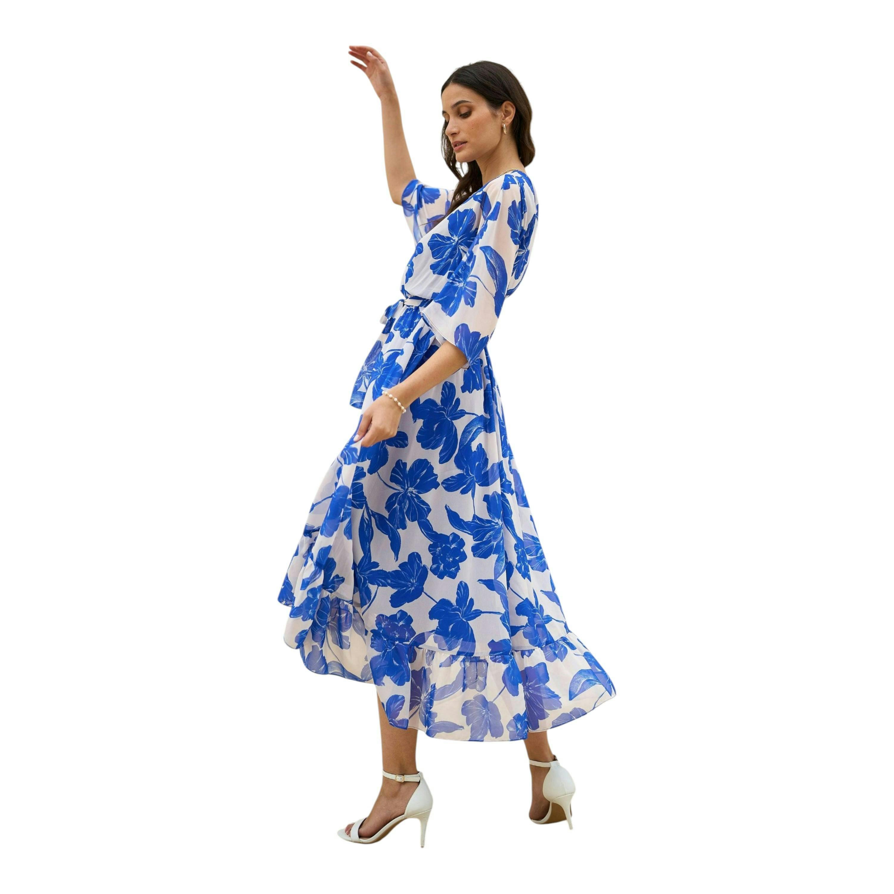 Yumi Navy Kimono Sleeves Midi Dip Hem Wrap Midi Dress , view 3 of 5