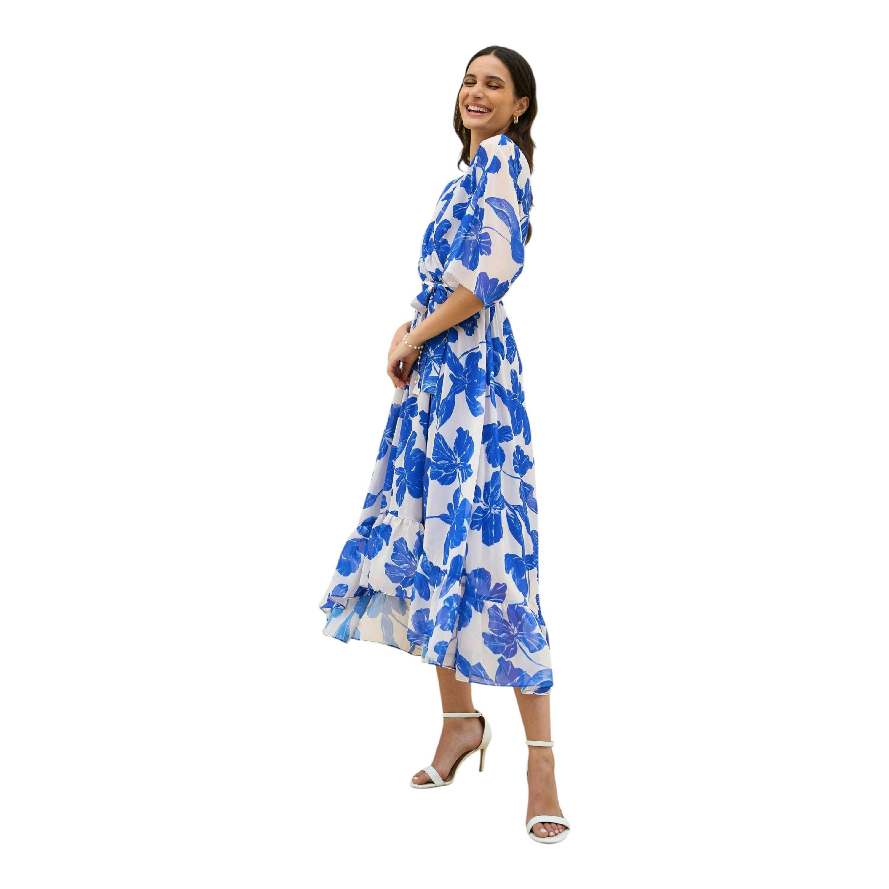 Yumi Navy Kimono Sleeves Midi Dip Hem Wrap Midi Dress , view 4 of 5