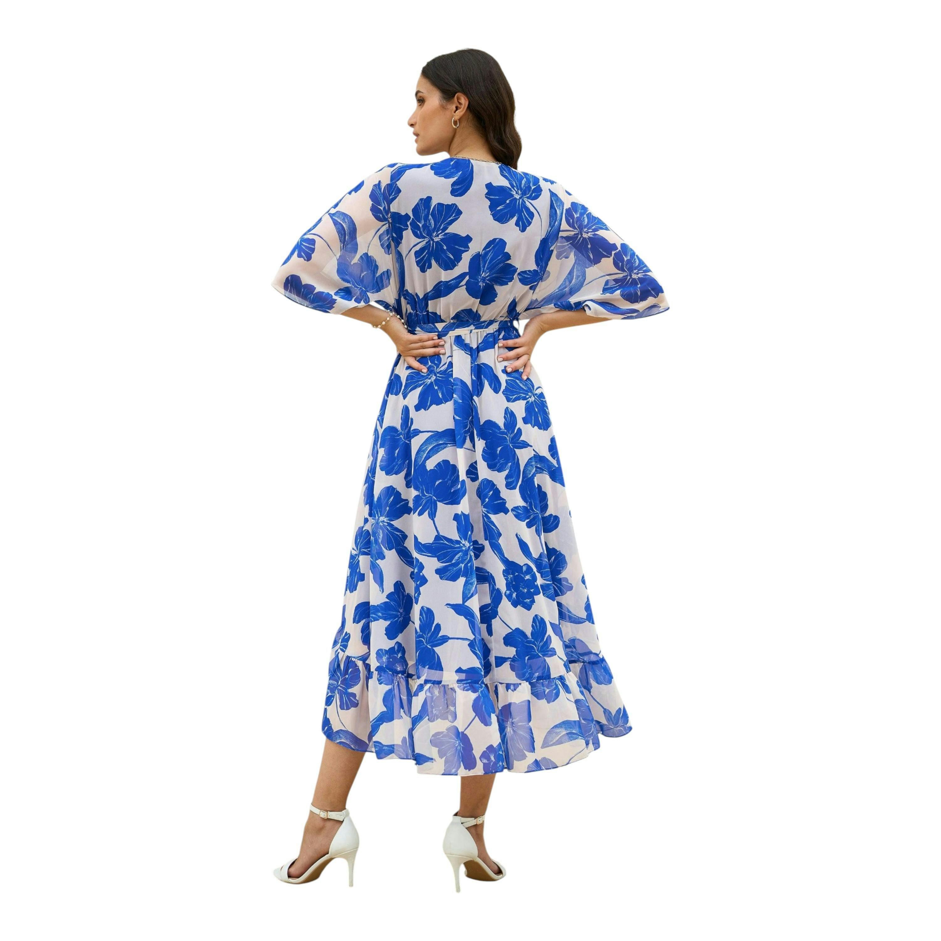Yumi Navy Kimono Sleeves Midi Dip Hem Wrap Midi Dress , view 5 of 5