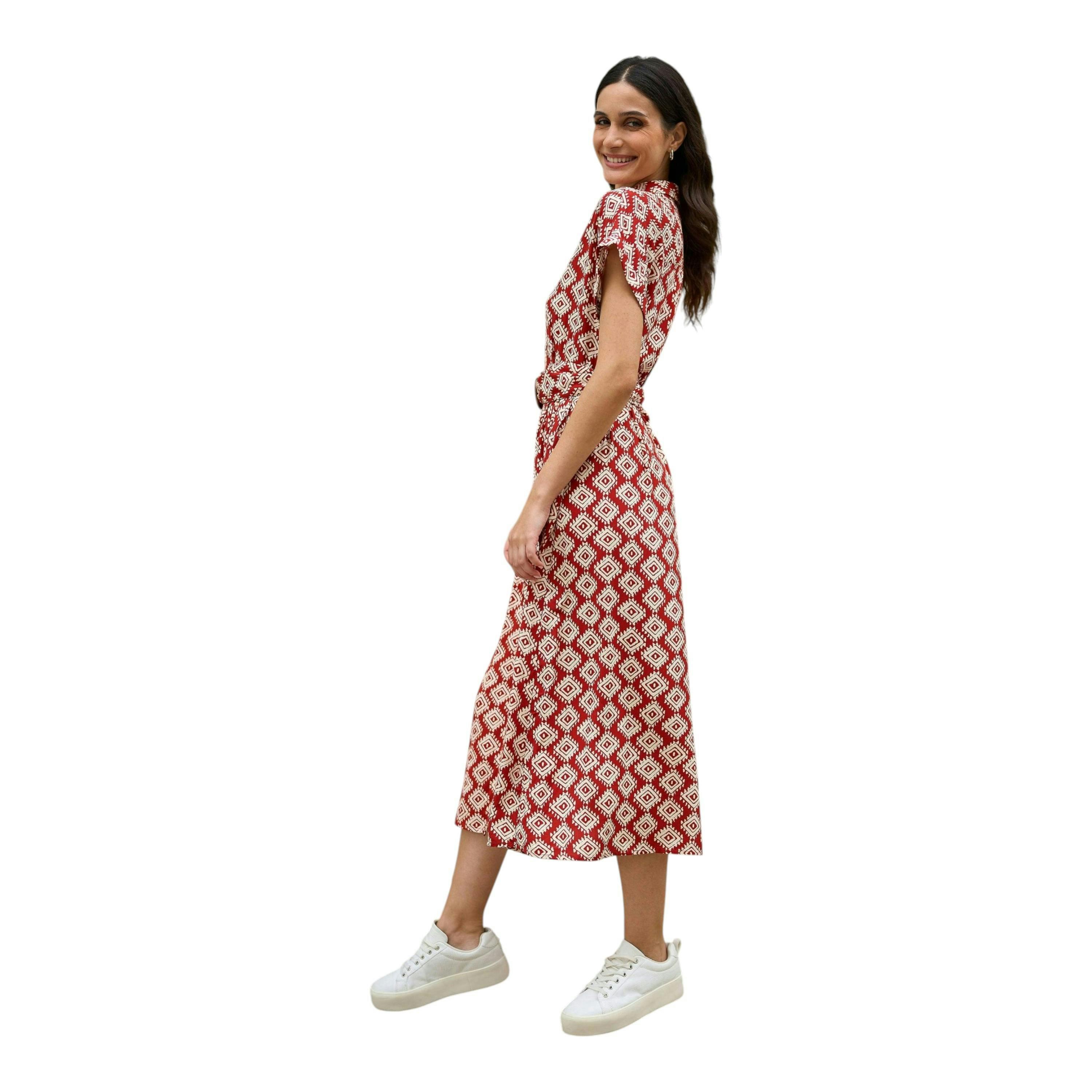 Yumi Red Viscose Midi Shirt Dress With Matching Belt , view 1 of 4