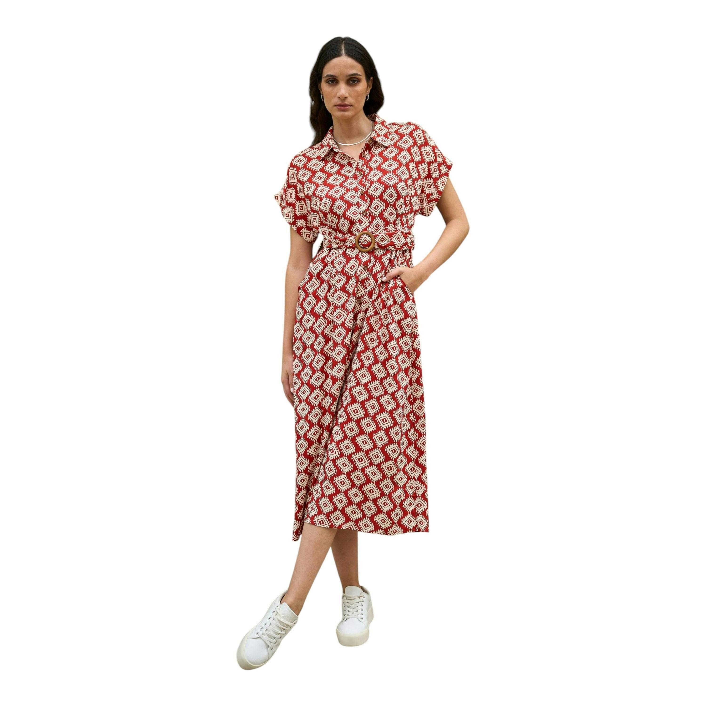 Yumi Red Viscose Midi Shirt Dress With Matching Belt , view 2 of 4