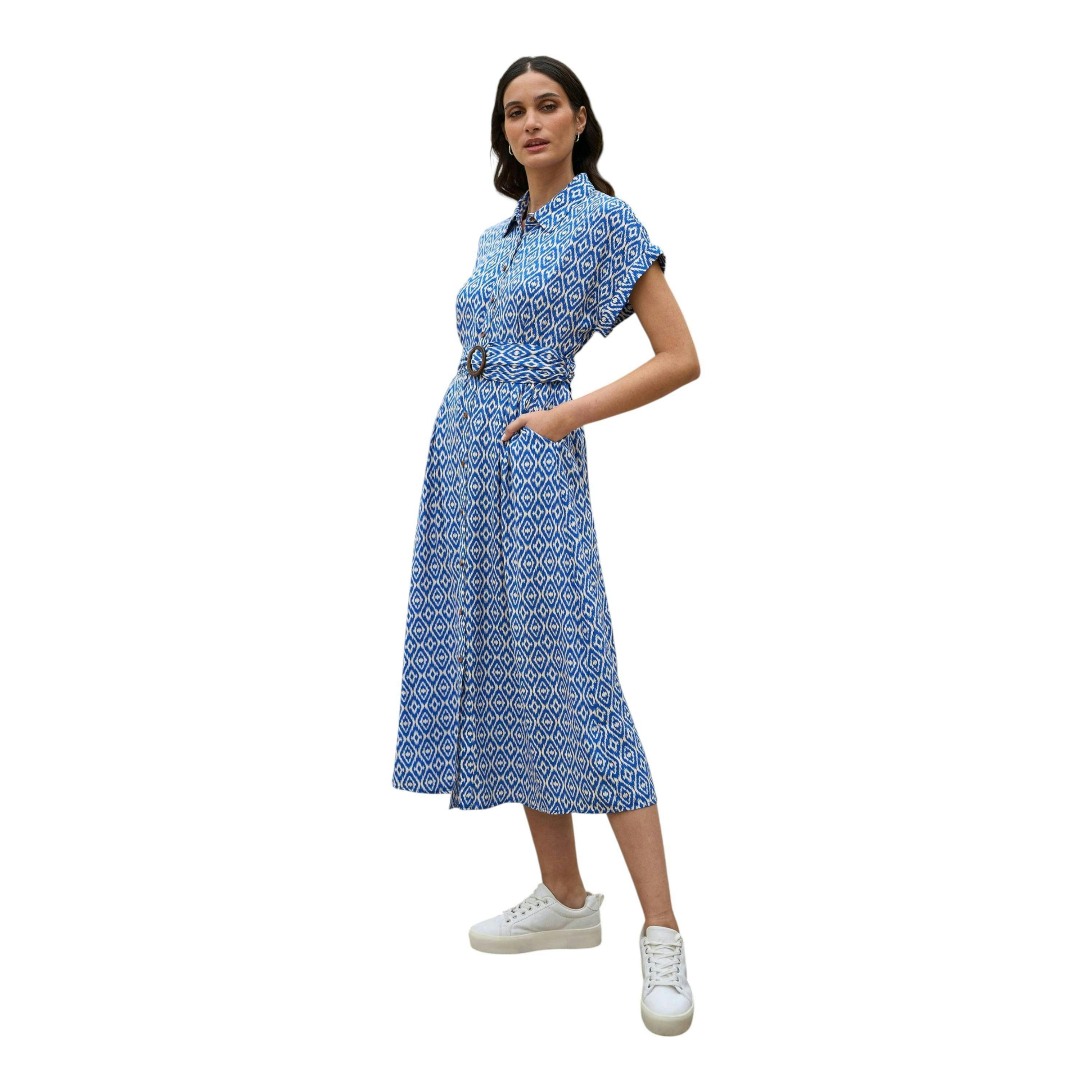 Yumi Blue Viscose Midi Shirt Dress With Matching Belt , view 1 of 5