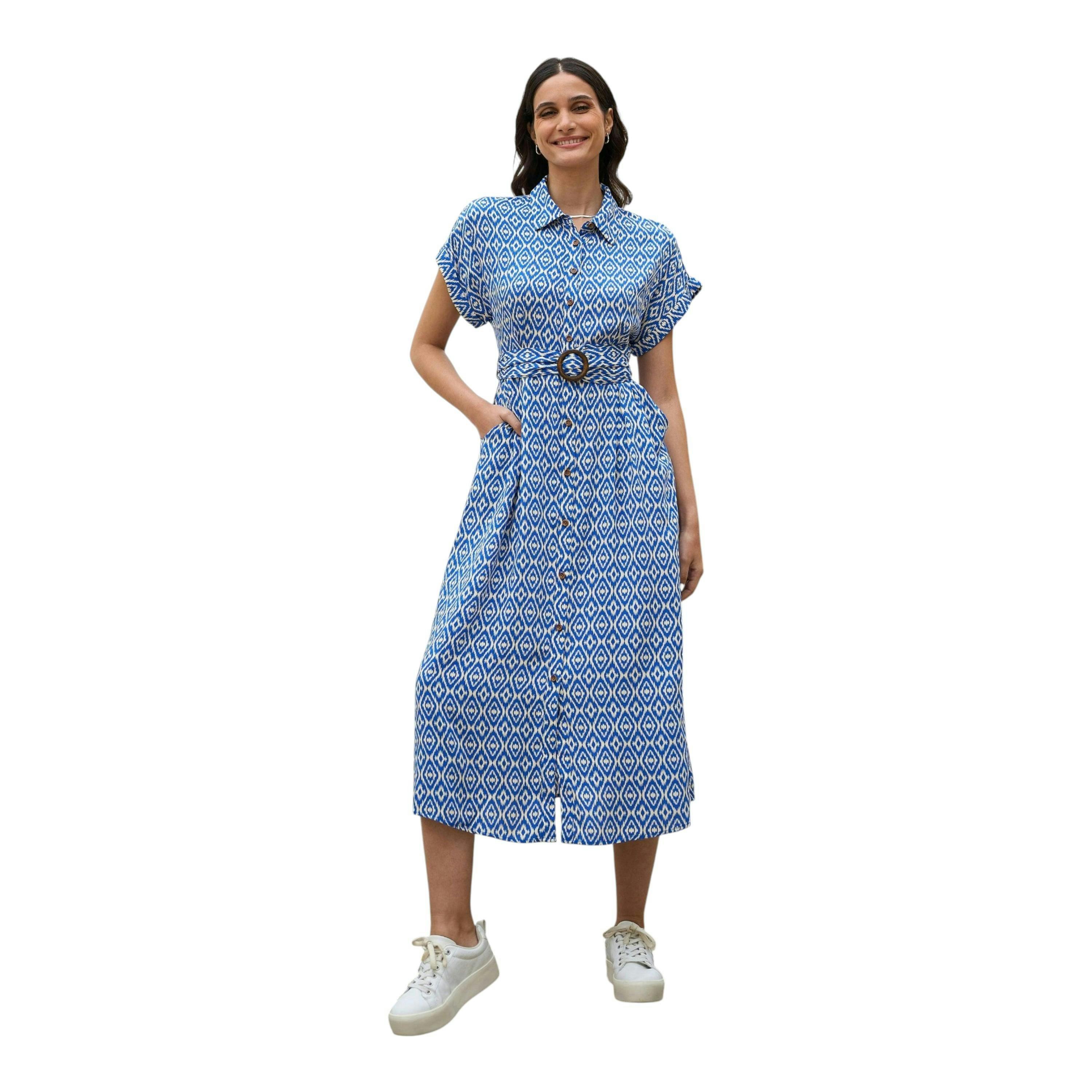 Yumi Blue Viscose Midi Shirt Dress With Matching Belt , view 2 of 5