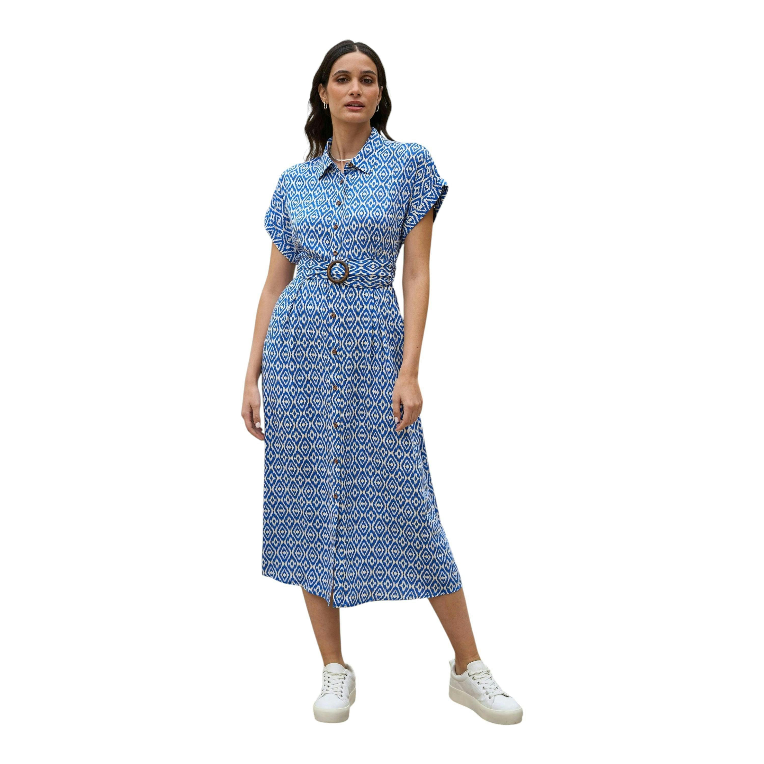 Yumi Blue Viscose Midi Shirt Dress With Matching Belt , view 5 of 5