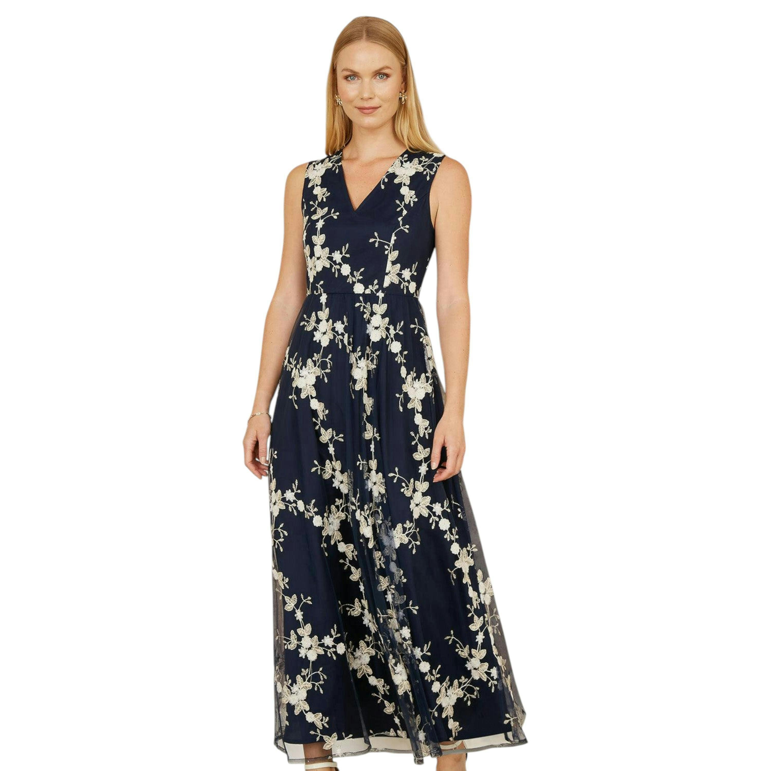 Yumi Navy Mesh Embroidered Maxi Dress , view 1 of 5