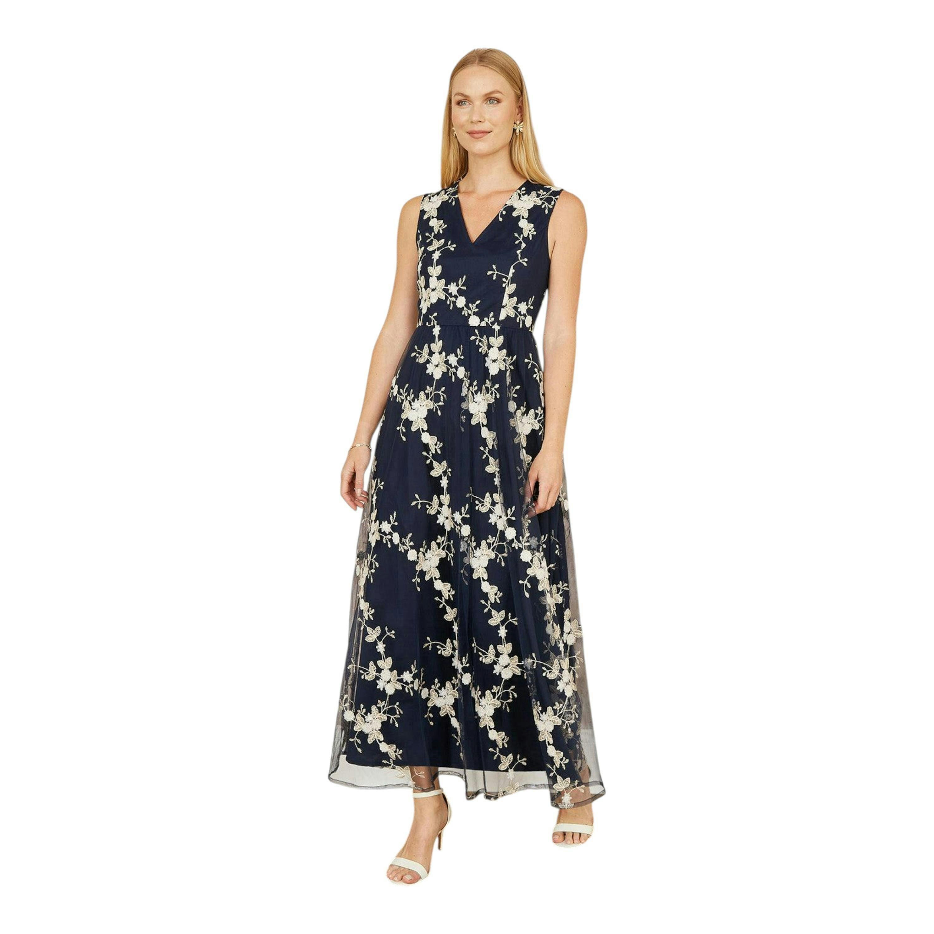 Yumi Navy Mesh Embroidered Maxi Dress , view 3 of 5
