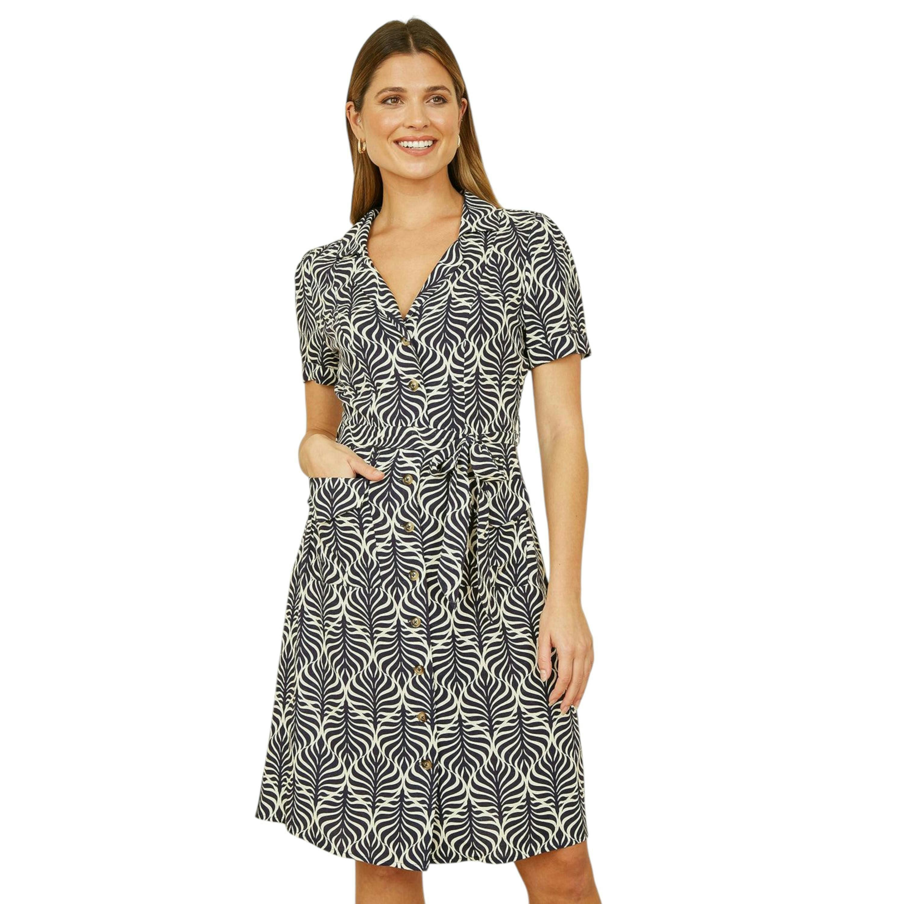Yumi Navy Leaf Print Retro Shirt Dress , view 1 of 4