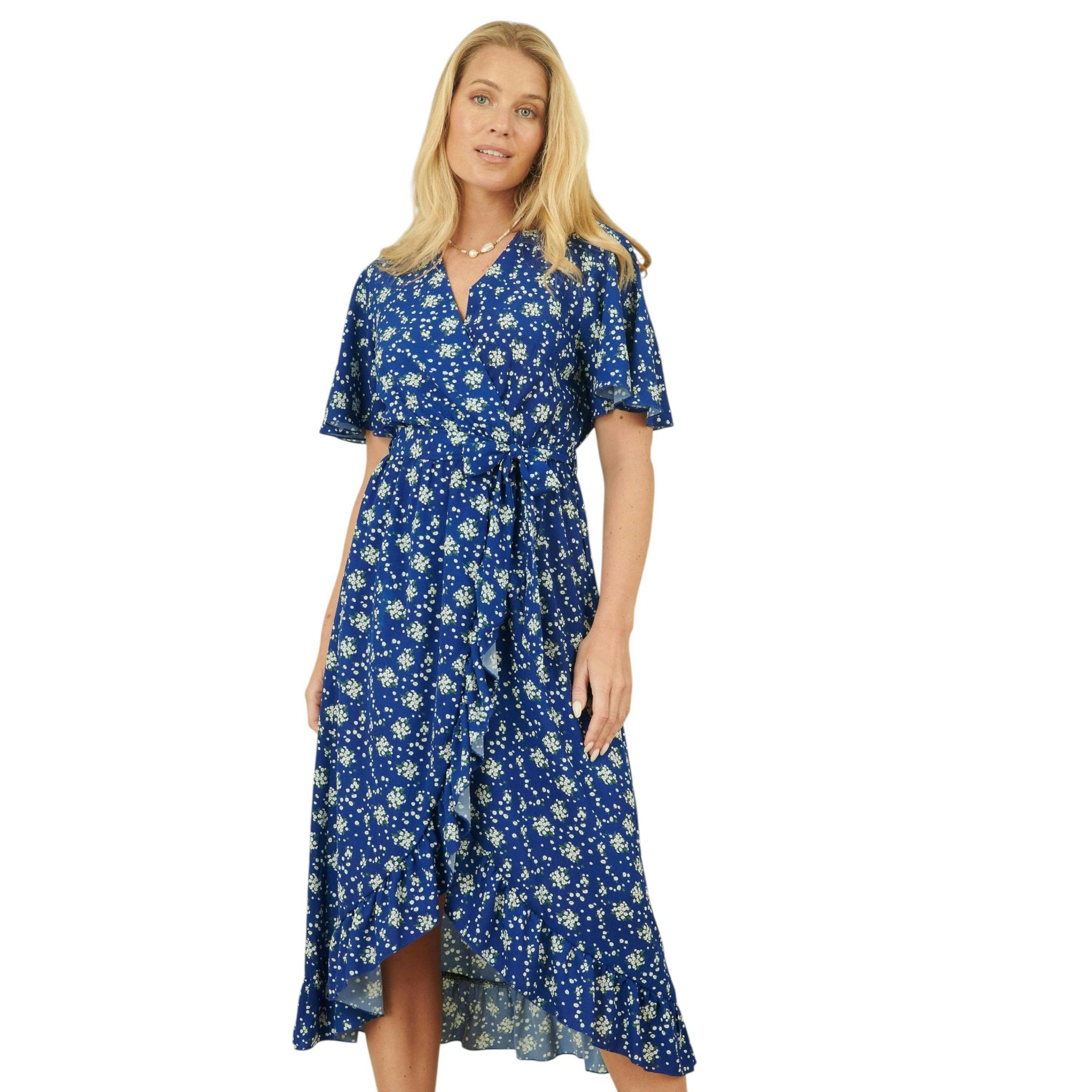 Yumi Blue Floral Wrap Dress With Frill Hem , view 1 of 3