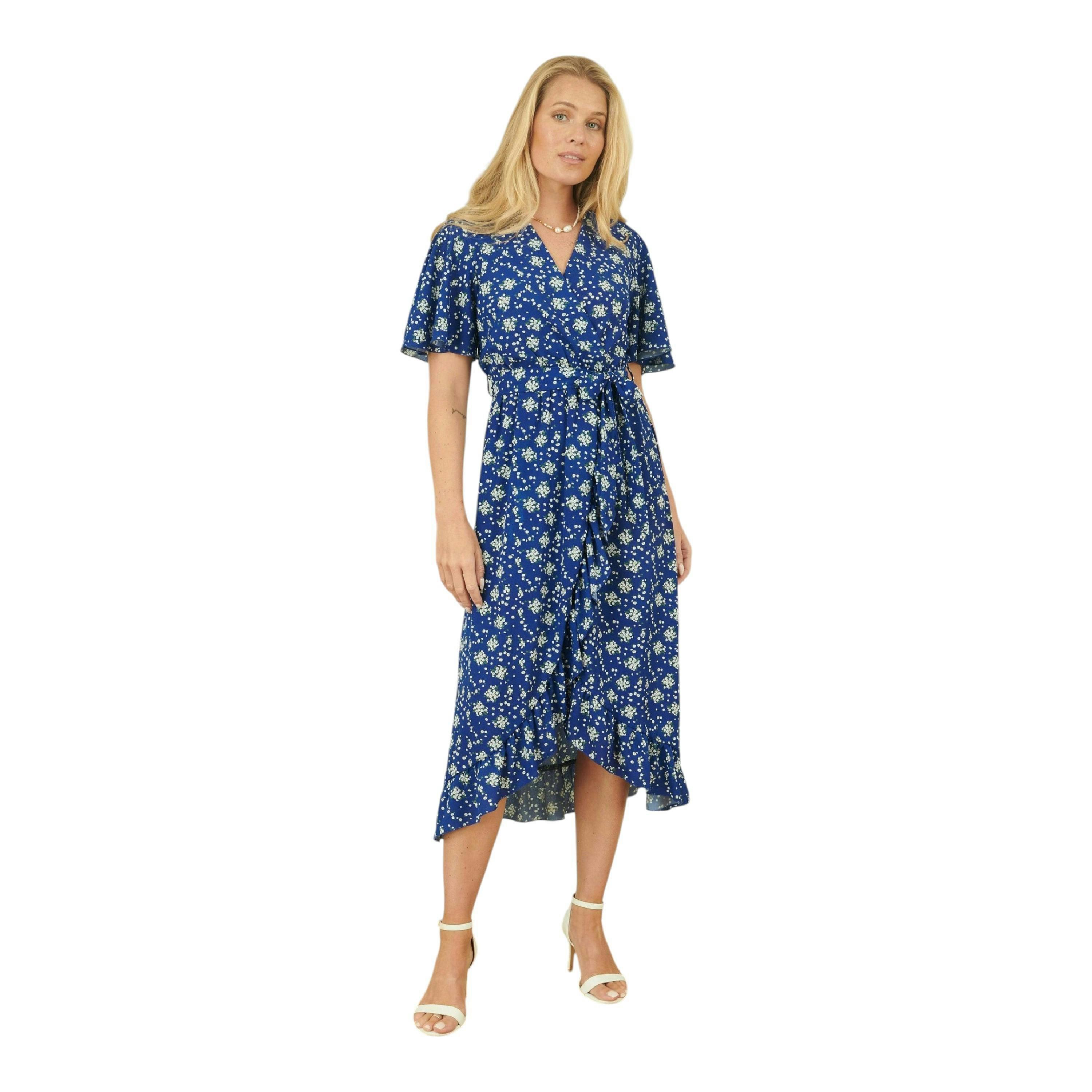 Yumi Blue Floral Wrap Dress With Frill Hem , view 2 of 3