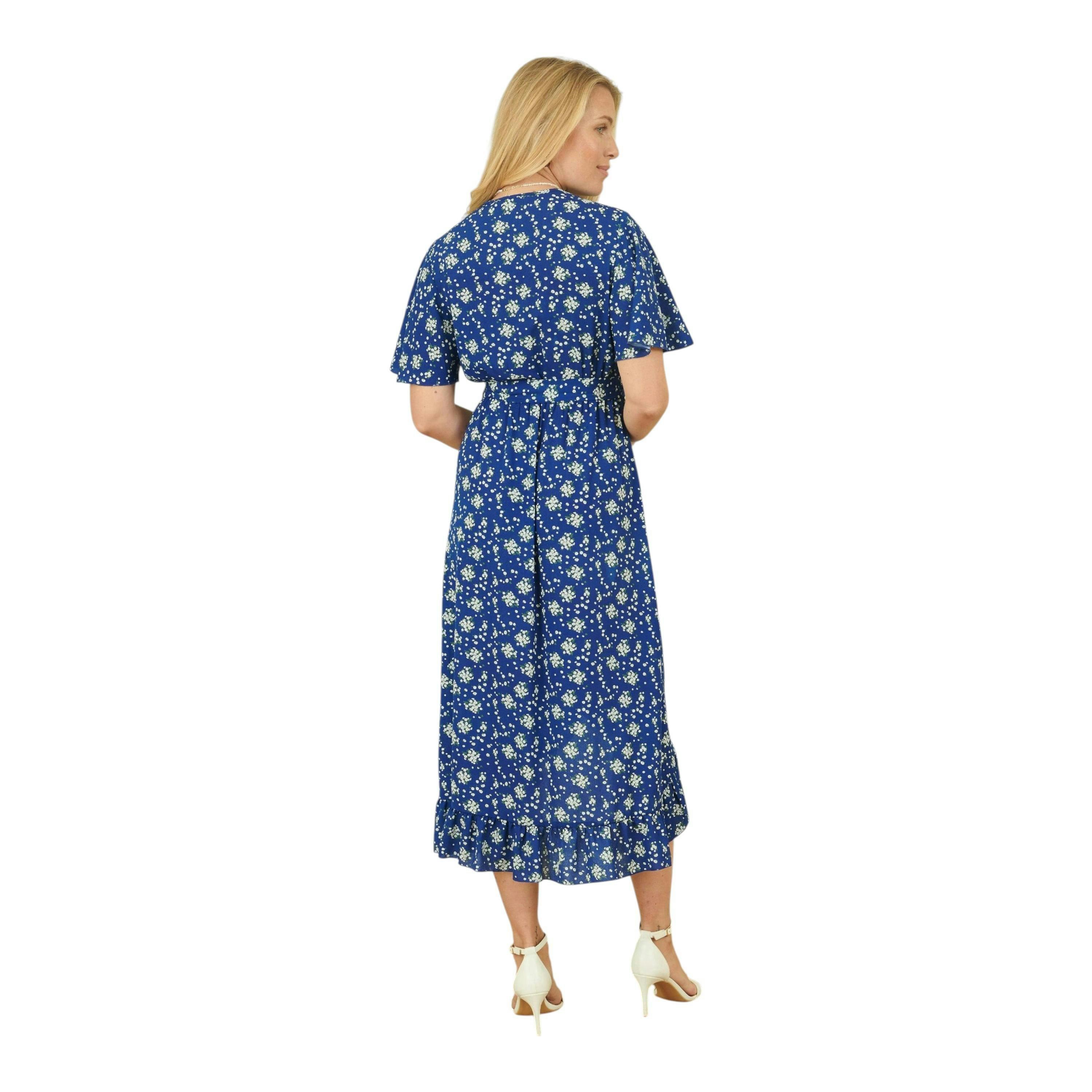 Yumi Blue Floral Wrap Dress With Frill Hem , view 3 of 3