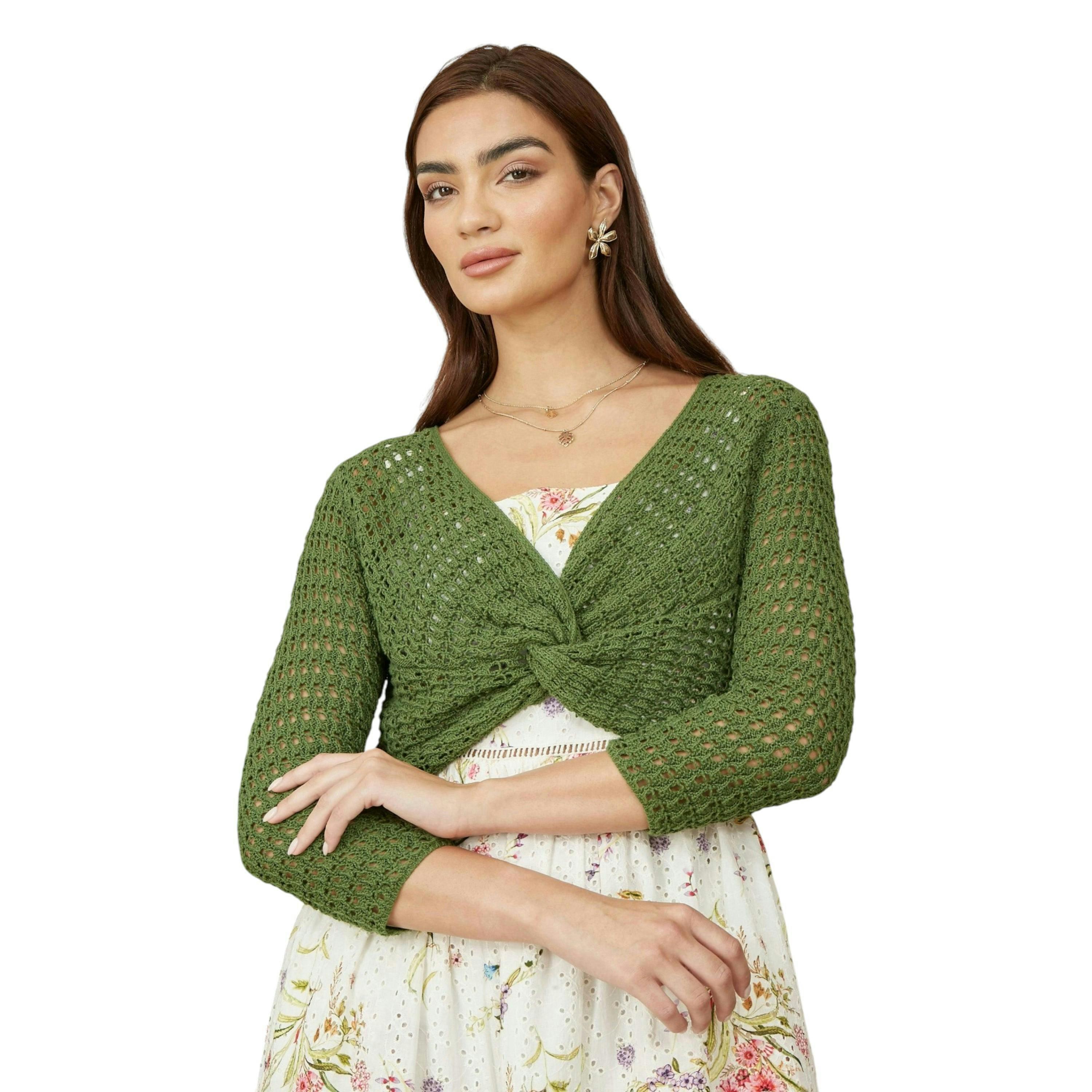 Yumi Green Cotton Crochet Twisted Bolero Top , view 1 of 4