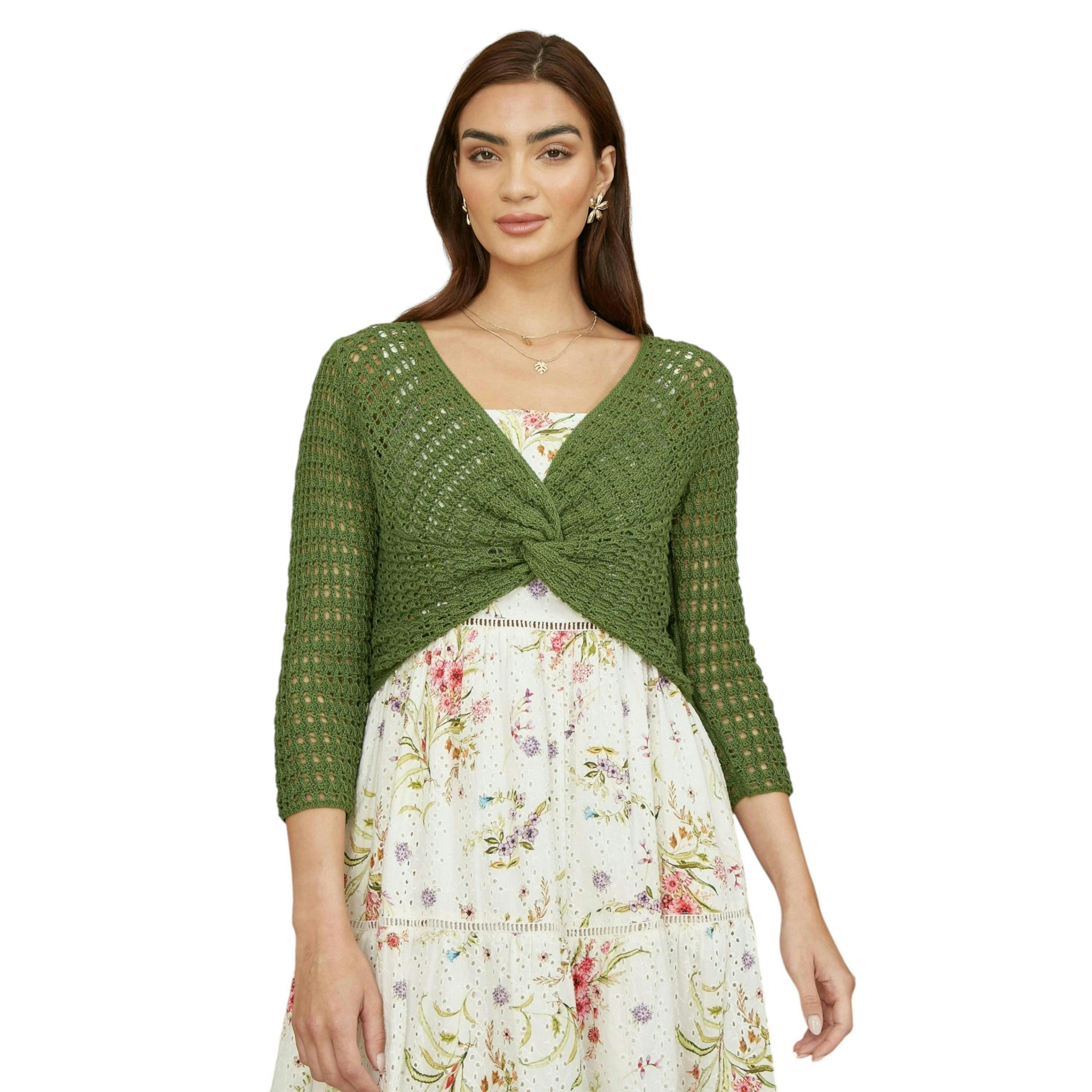 Yumi Green Cotton Crochet Twisted Bolero Top , view 3 of 4