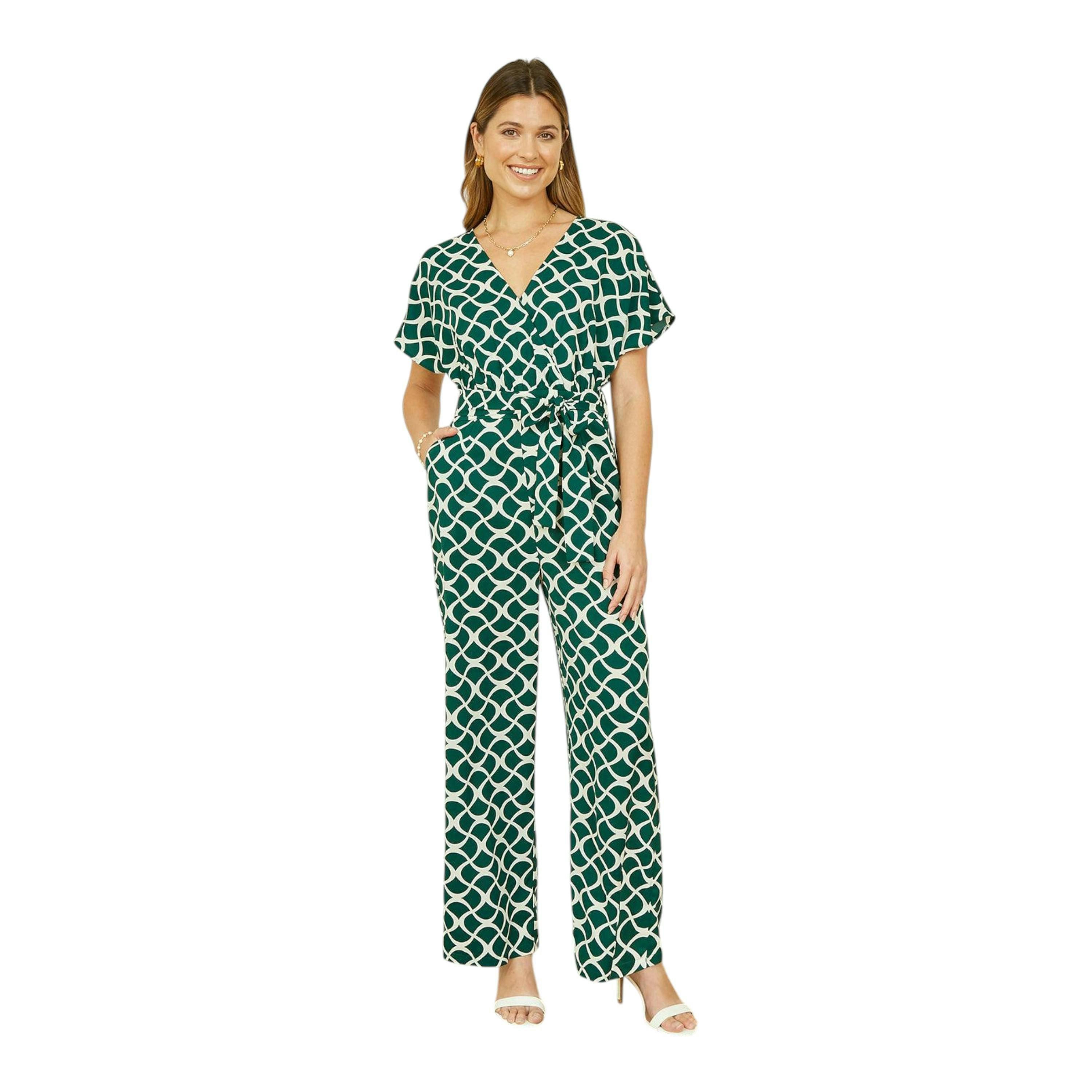 Yumi Green Geometric Print Wrap Jumpsuit , view 1 of 4