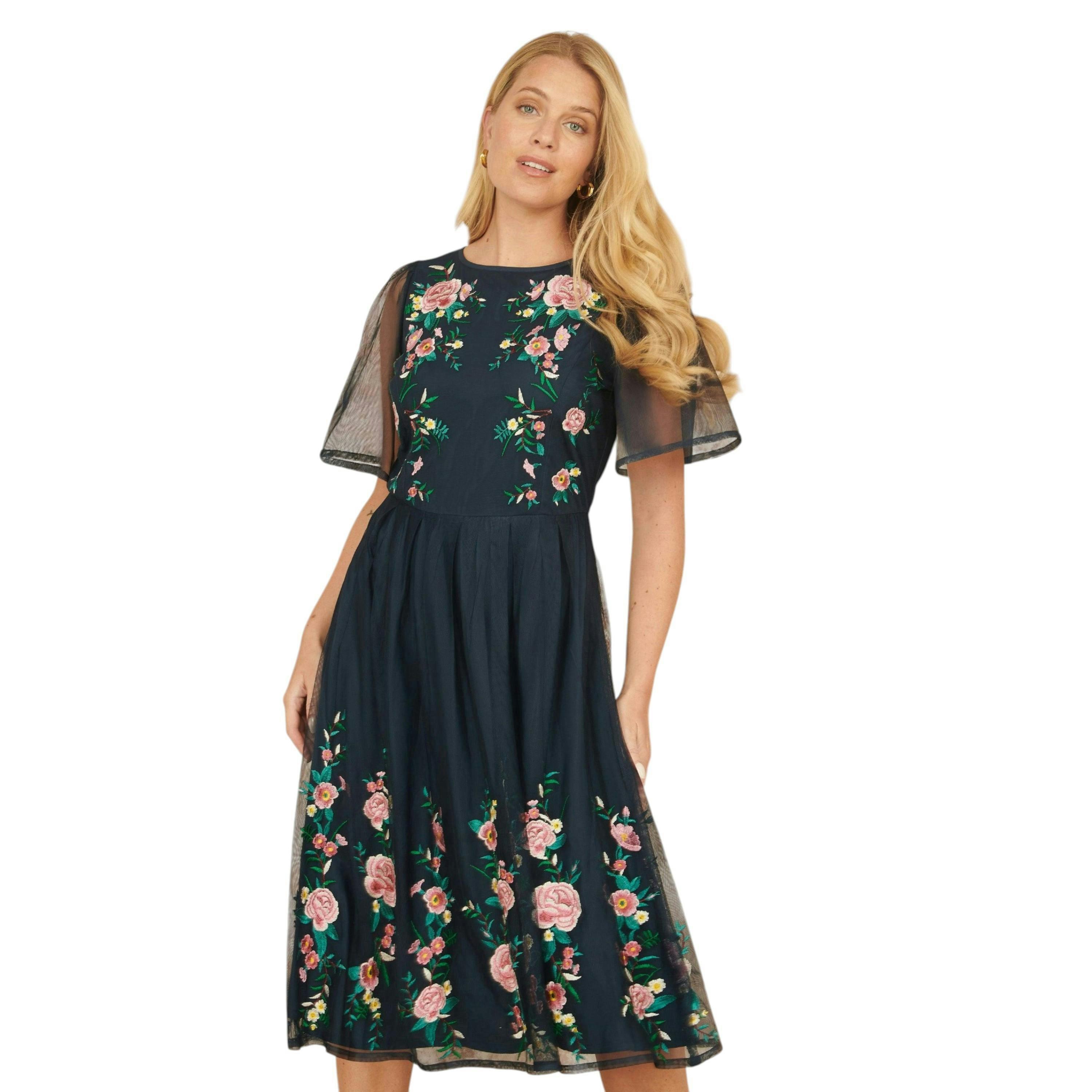 Yumi Navy Embroidered Sleeve Prom Skater Dress , view 1 of 6