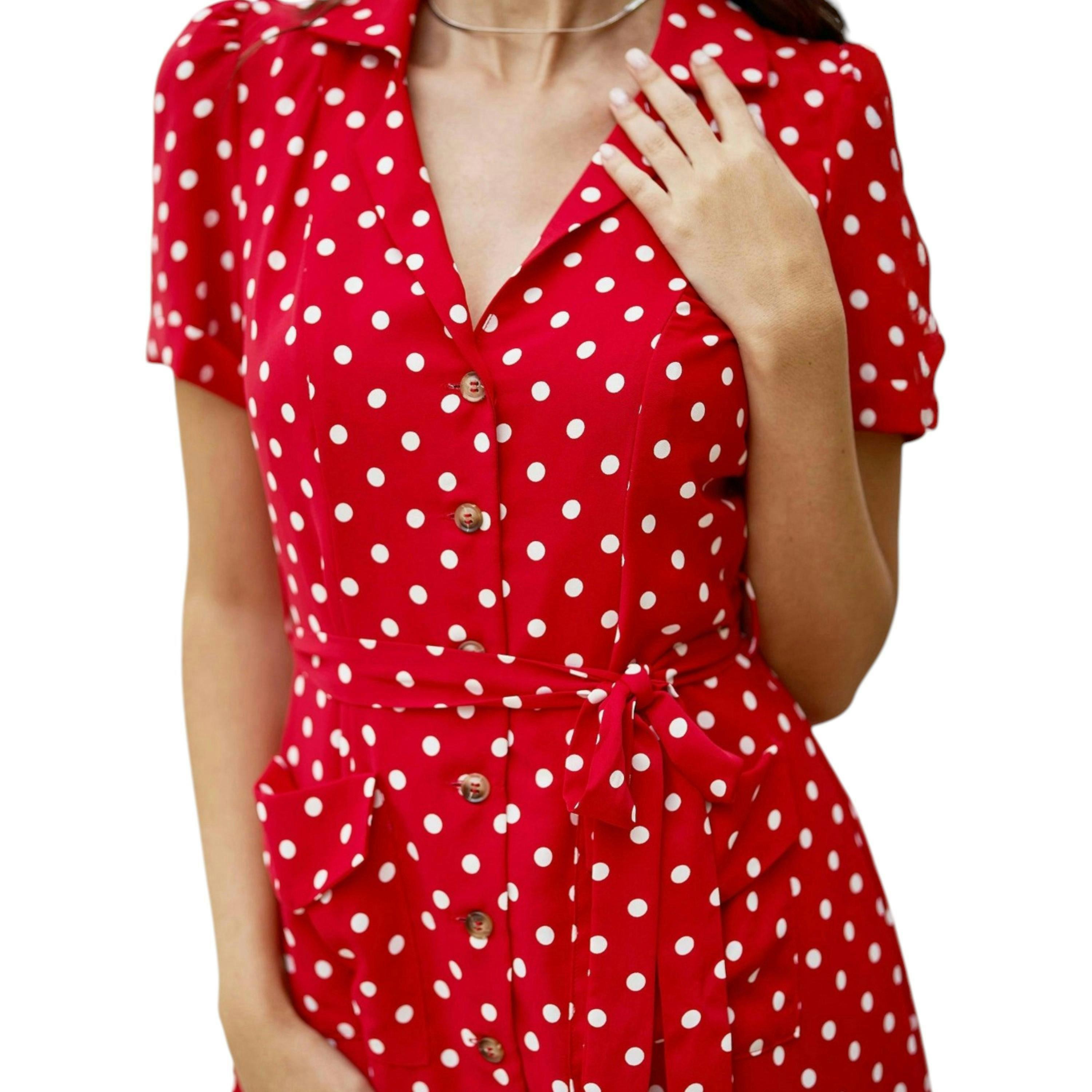 Yumi Red Spot Retro Shirt Dress , view 3 of 6