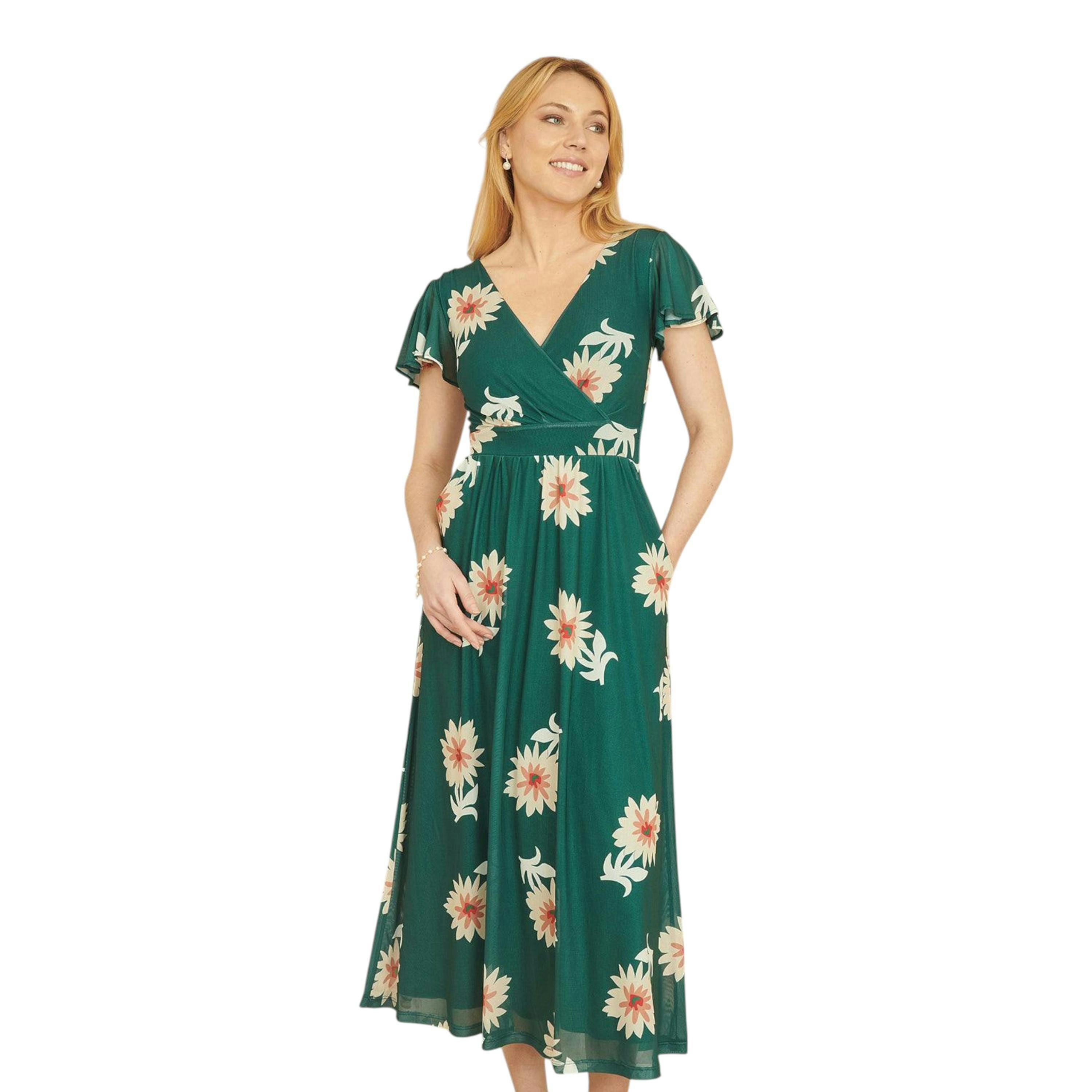 Yumi Green Mesh Flower Wrap Midi Dress With Pockets , view 1 of 6
