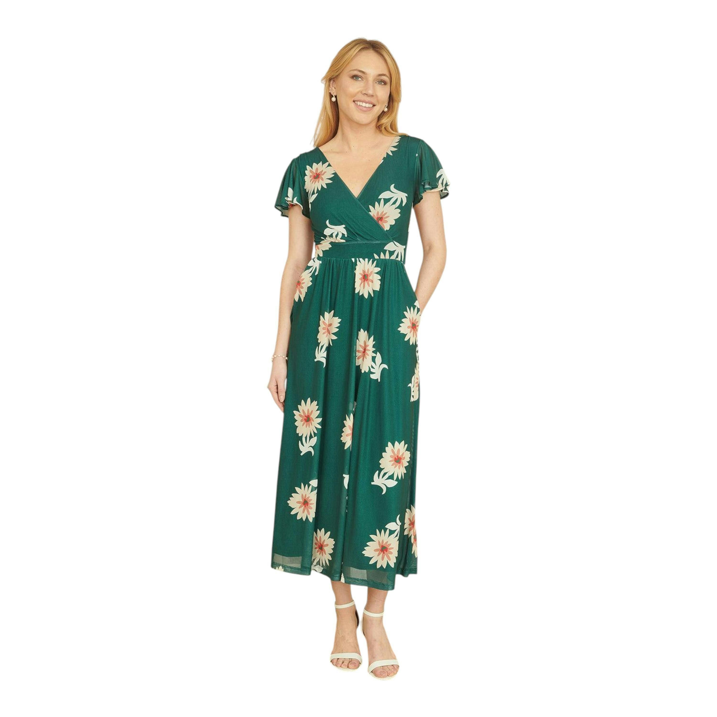 Yumi Green Mesh Flower Wrap Midi Dress With Pockets , view 2 of 6