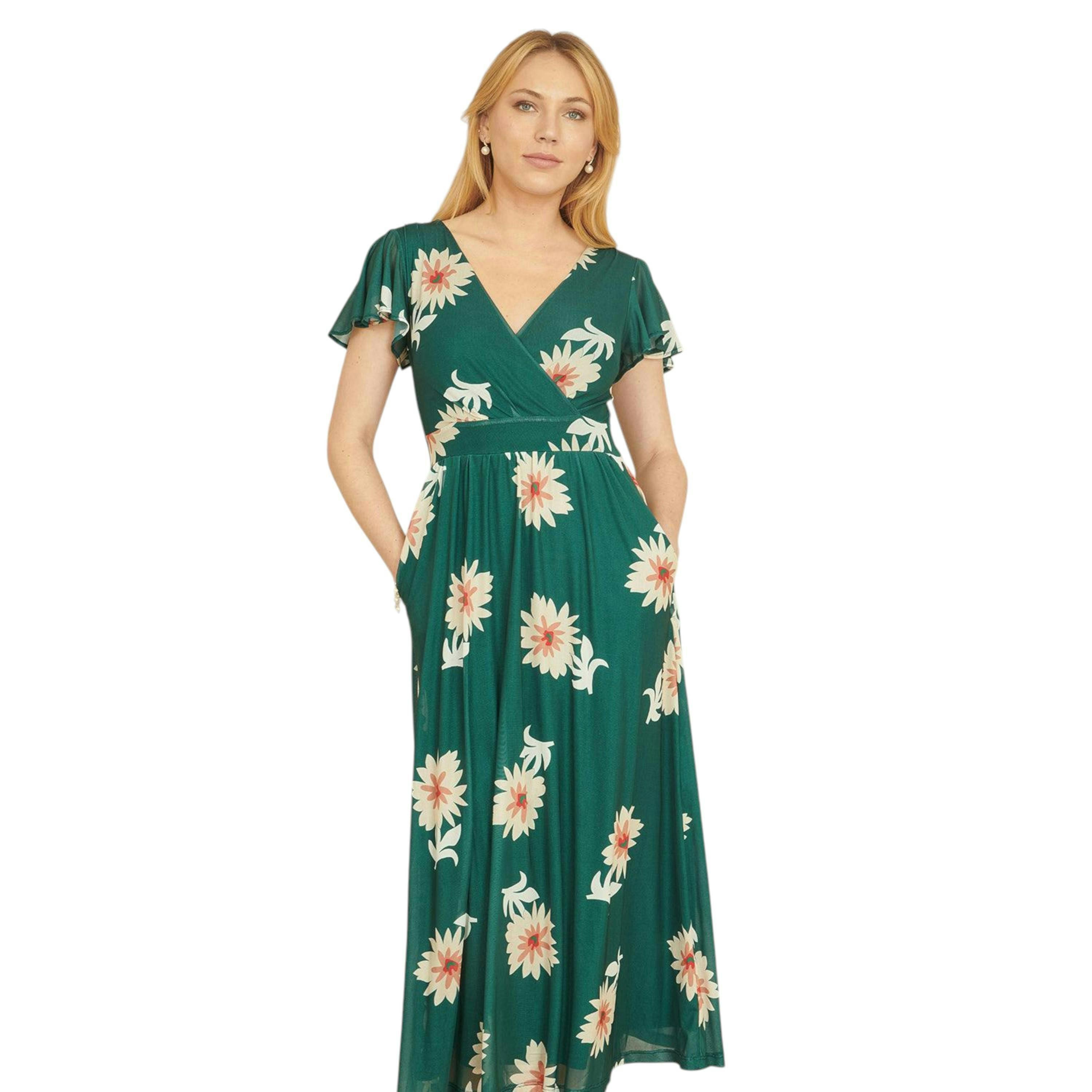 Yumi Green Mesh Flower Wrap Midi Dress With Pockets , view 3 of 6