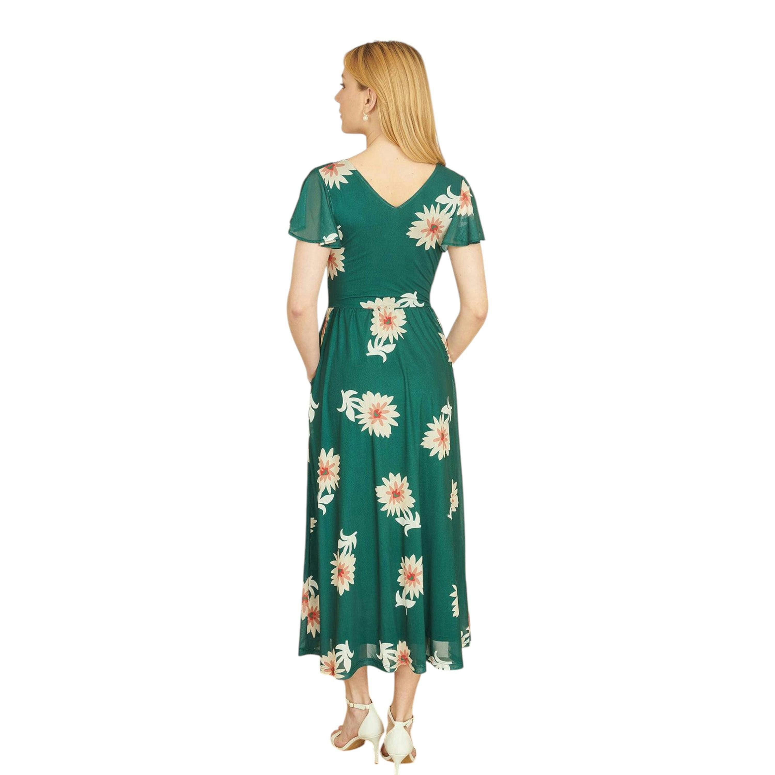 Yumi Green Mesh Flower Wrap Midi Dress With Pockets , view 4 of 6