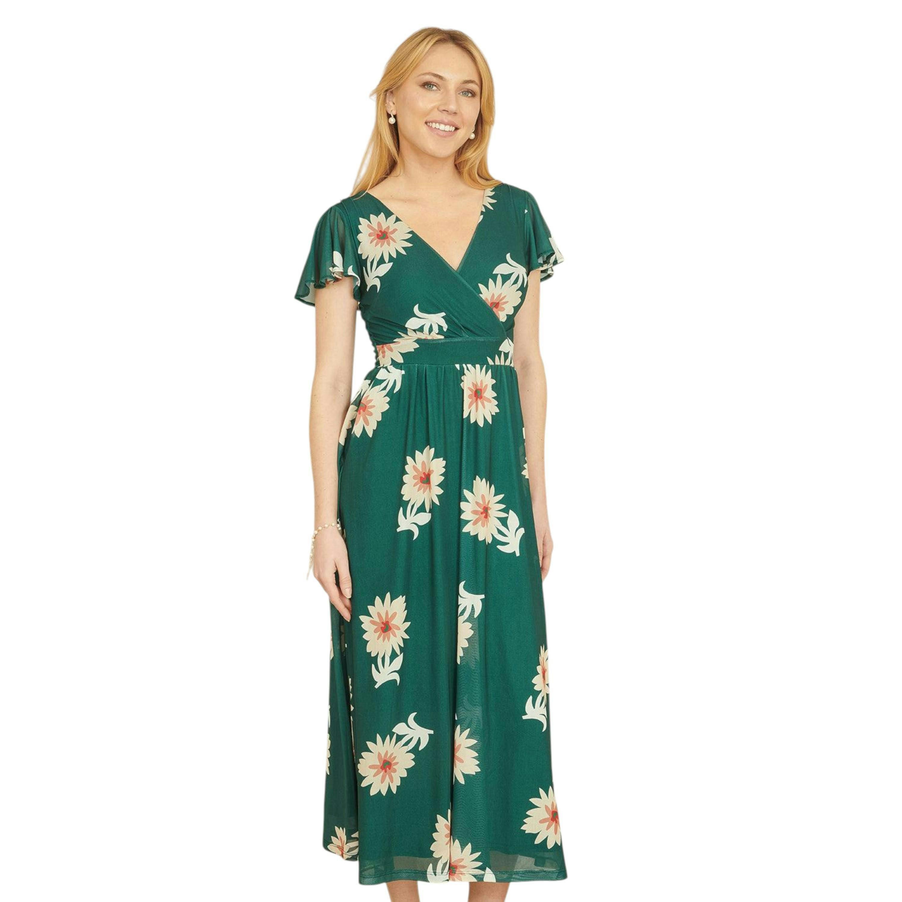 Yumi Green Mesh Flower Wrap Midi Dress With Pockets , view 5 of 6