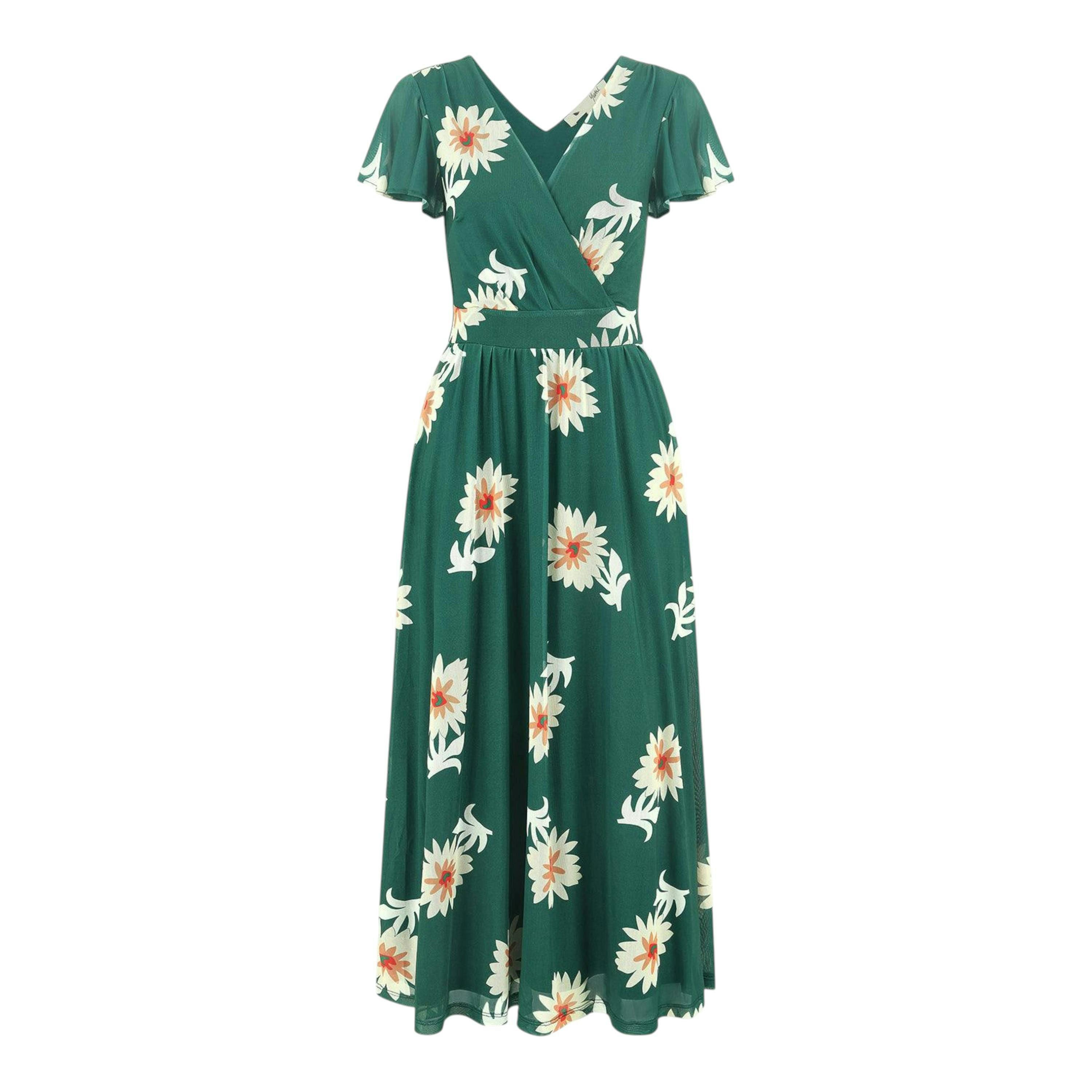 Yumi Green Mesh Flower Wrap Midi Dress With Pockets , view 6 of 6
