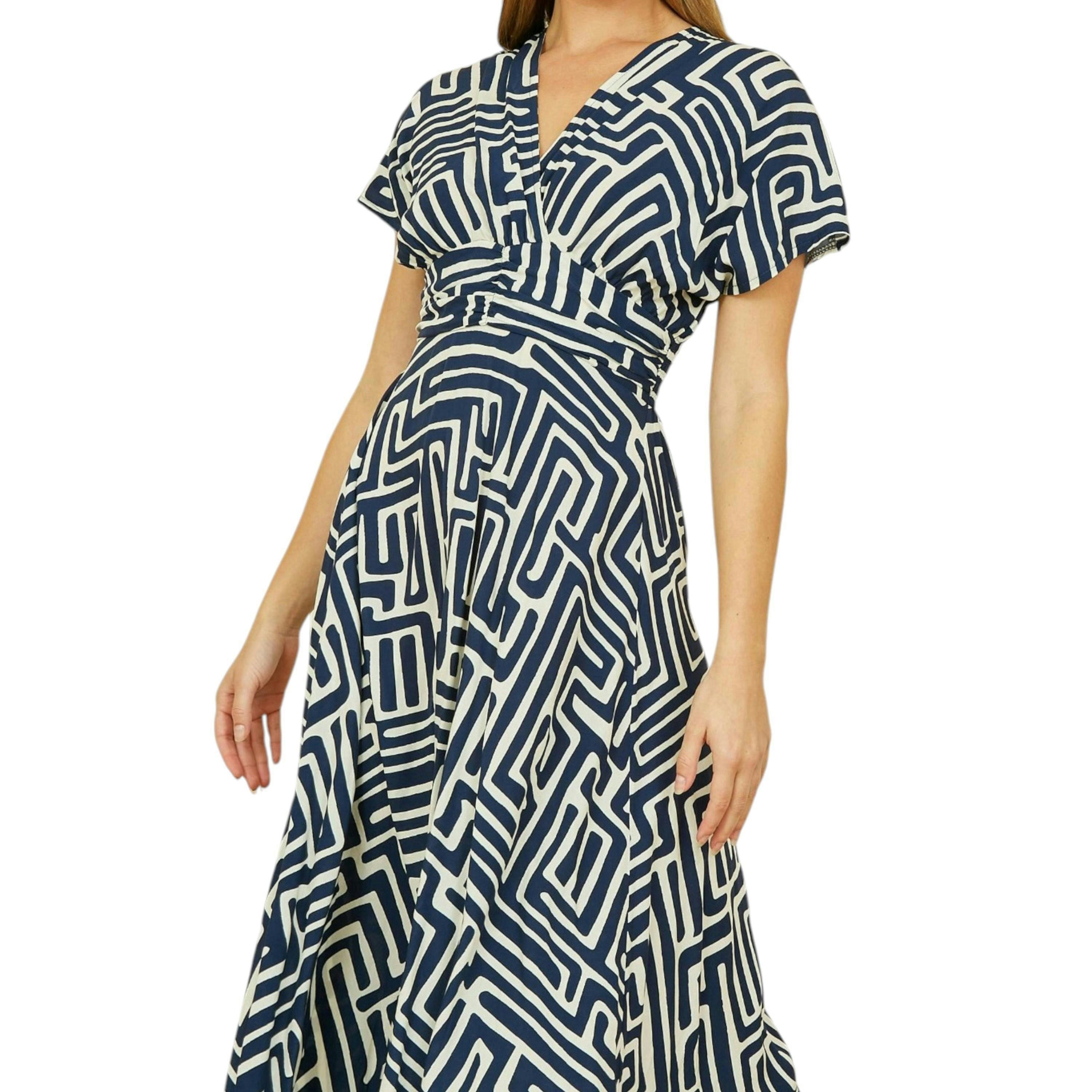Yumi Navy Geometric Print Ruched Waist Midi Dress With Kimono Sleeves , view 1 of 4