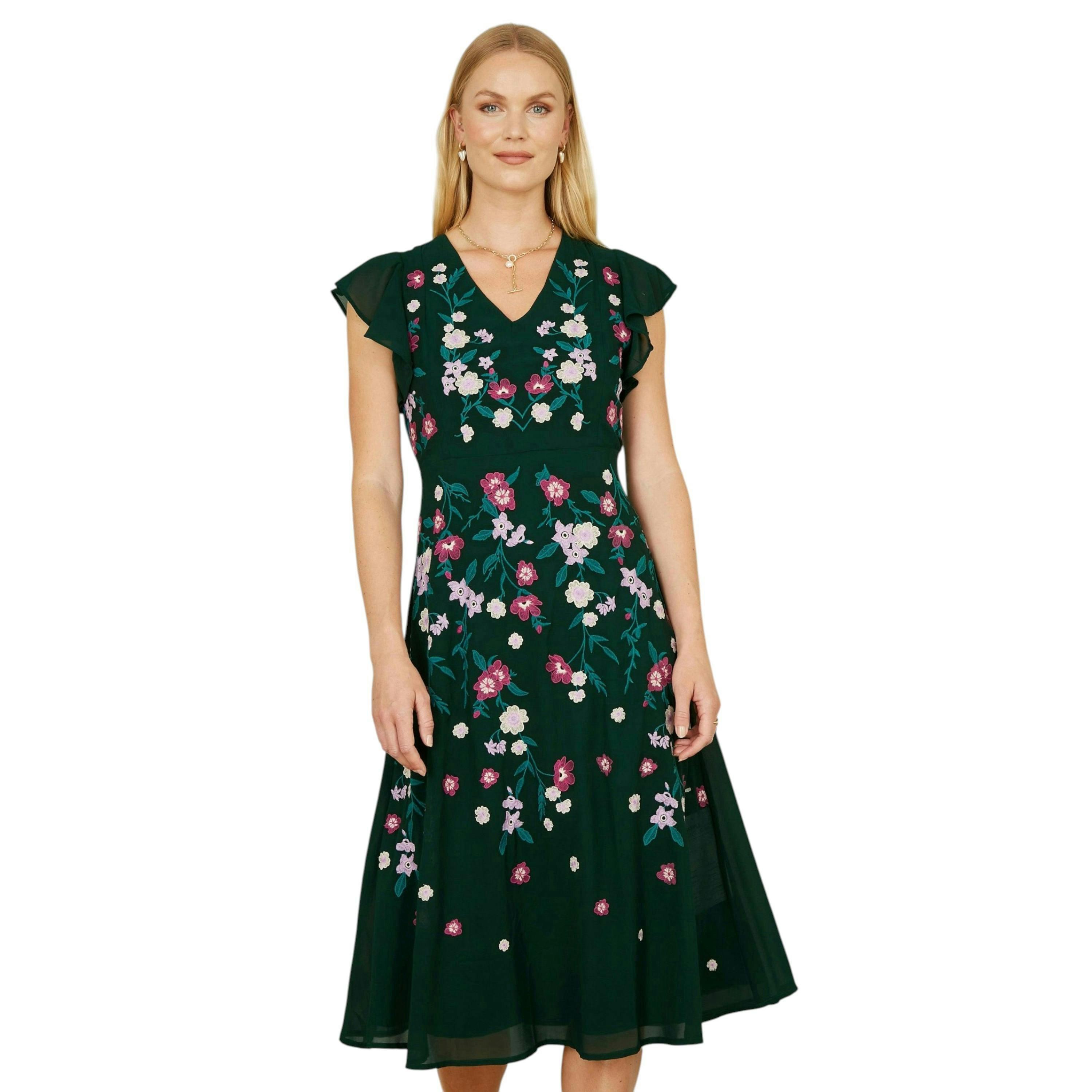 Yumi Green All Over Floral Embroidery Midi Skater Dress , view 1 of 5