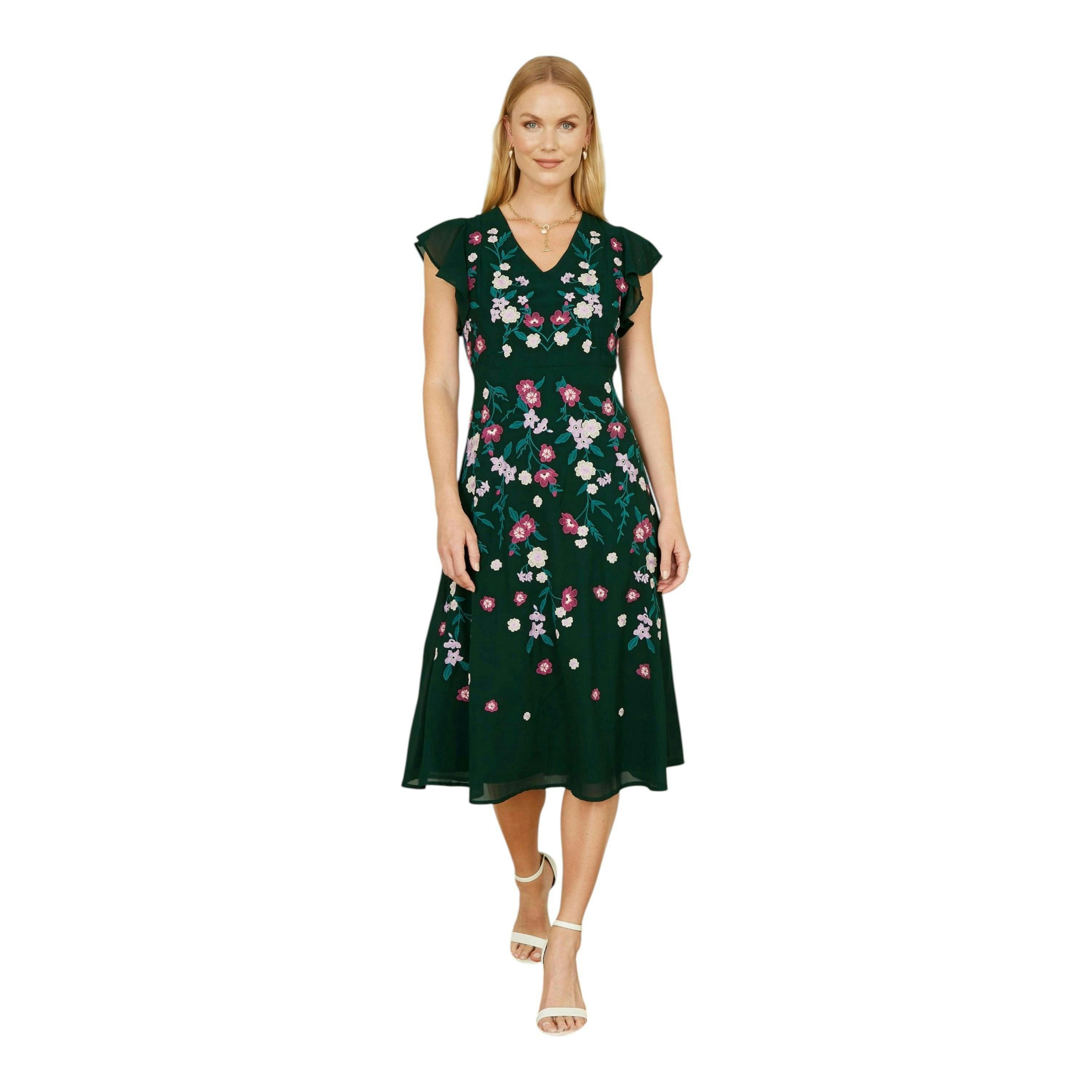 Yumi Green All Over Floral Embroidery Midi Skater Dress , view 3 of 5