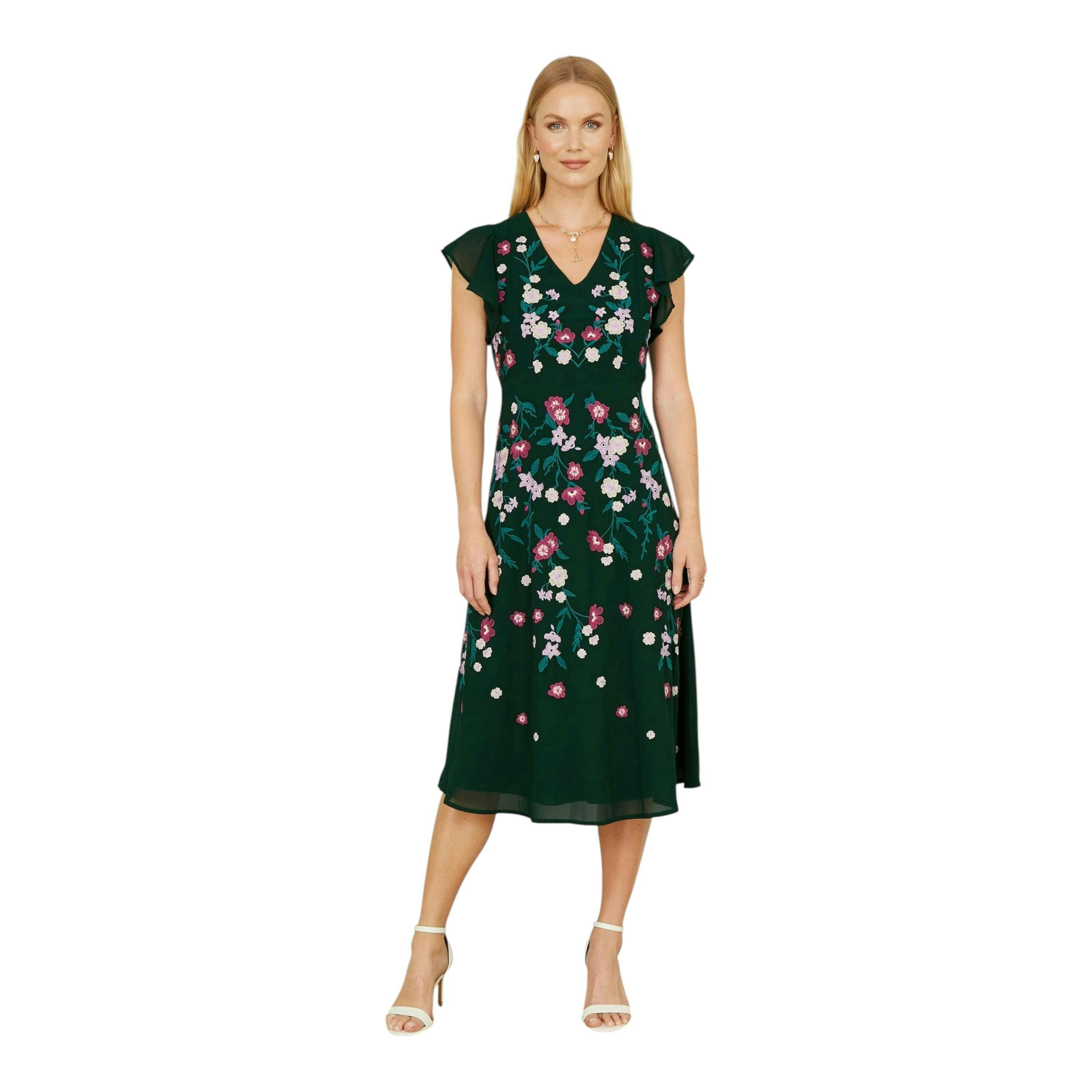 Yumi Green All Over Floral Embroidery Midi Skater Dress , view 5 of 5